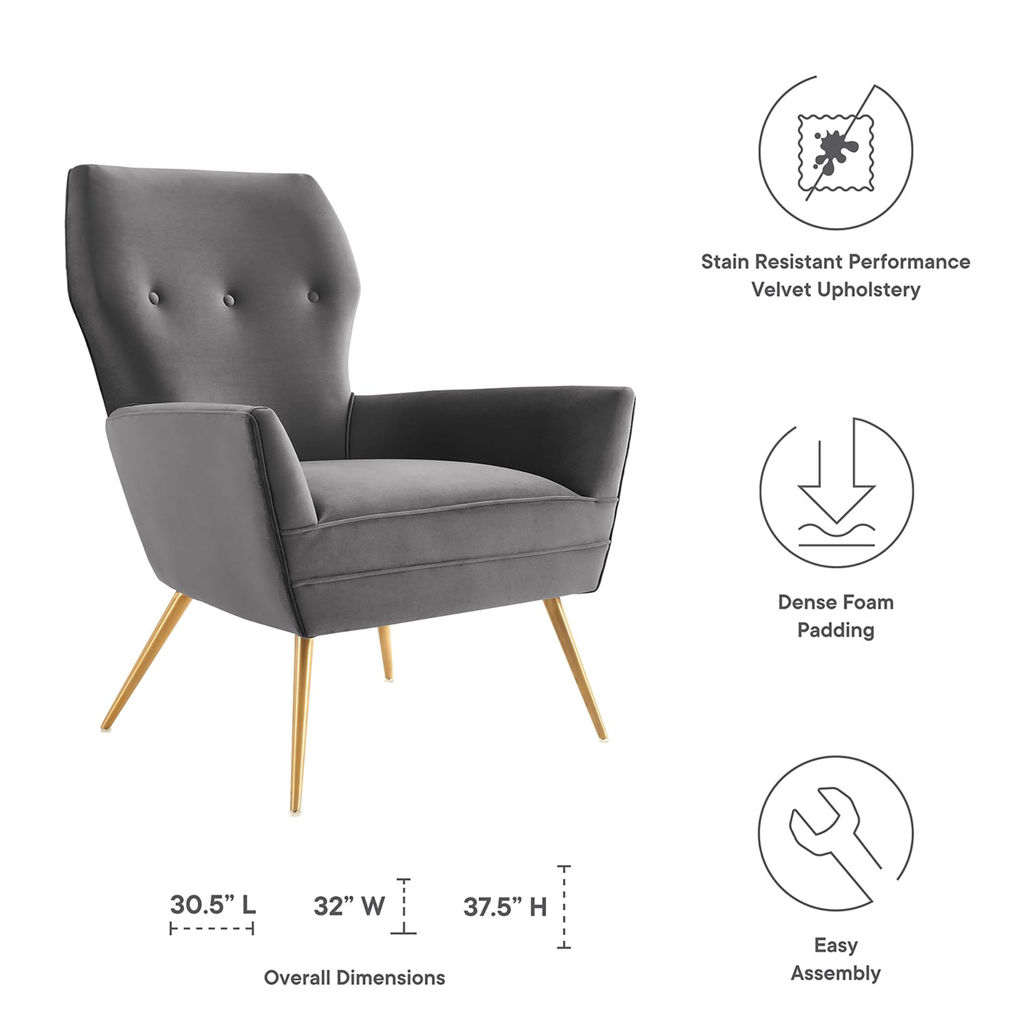 Gray velvet mid-century armchair with tufted back, gold tapered legs, dense foam padding, stain-resistant upholstery.