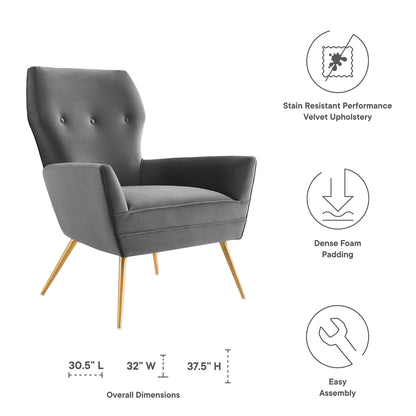 Gray velvet mid-century armchair with tufted back, gold tapered legs, dense foam padding, stain-resistant upholstery.