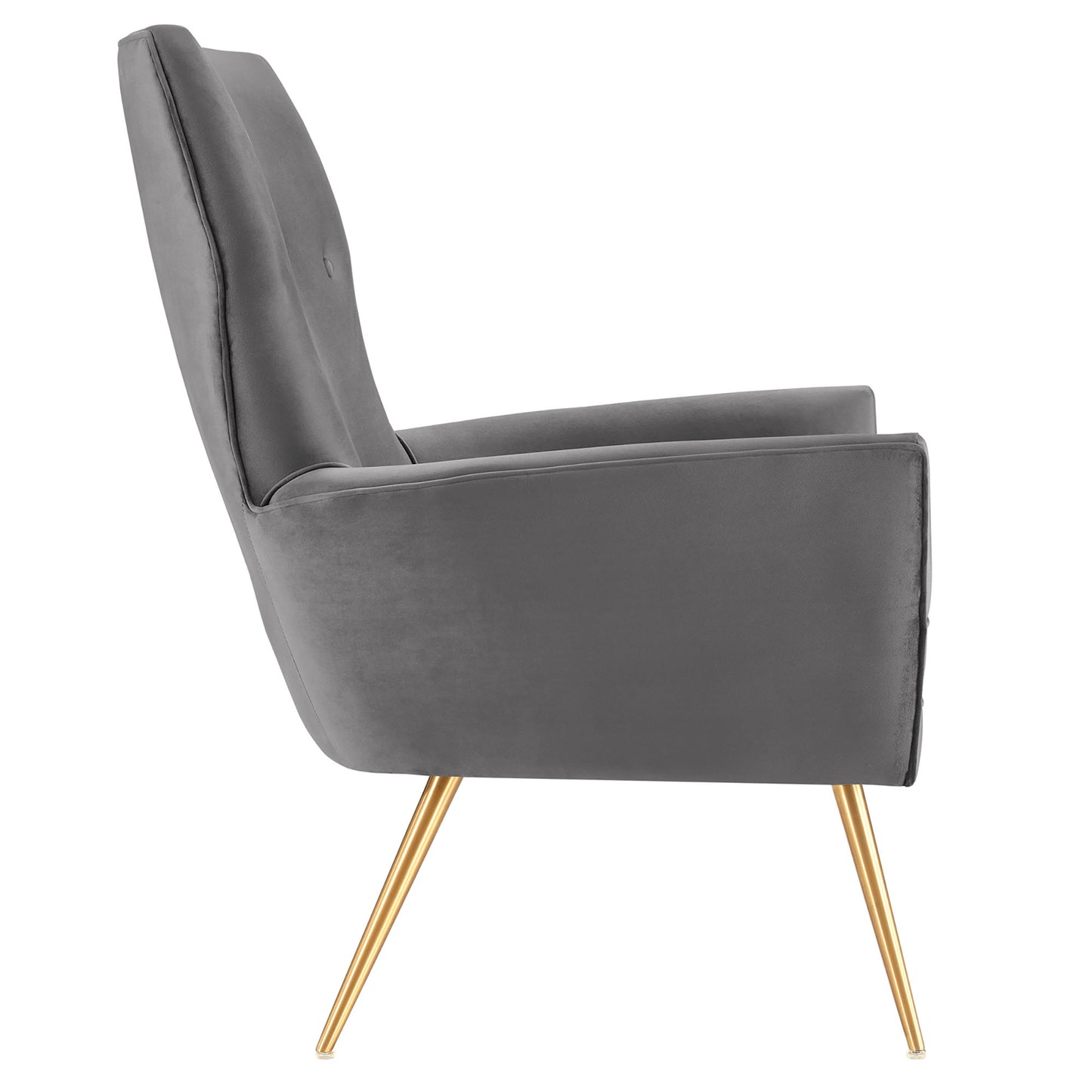 Gray velvet lounge armchair with gold tapered legs in a mid-century style.