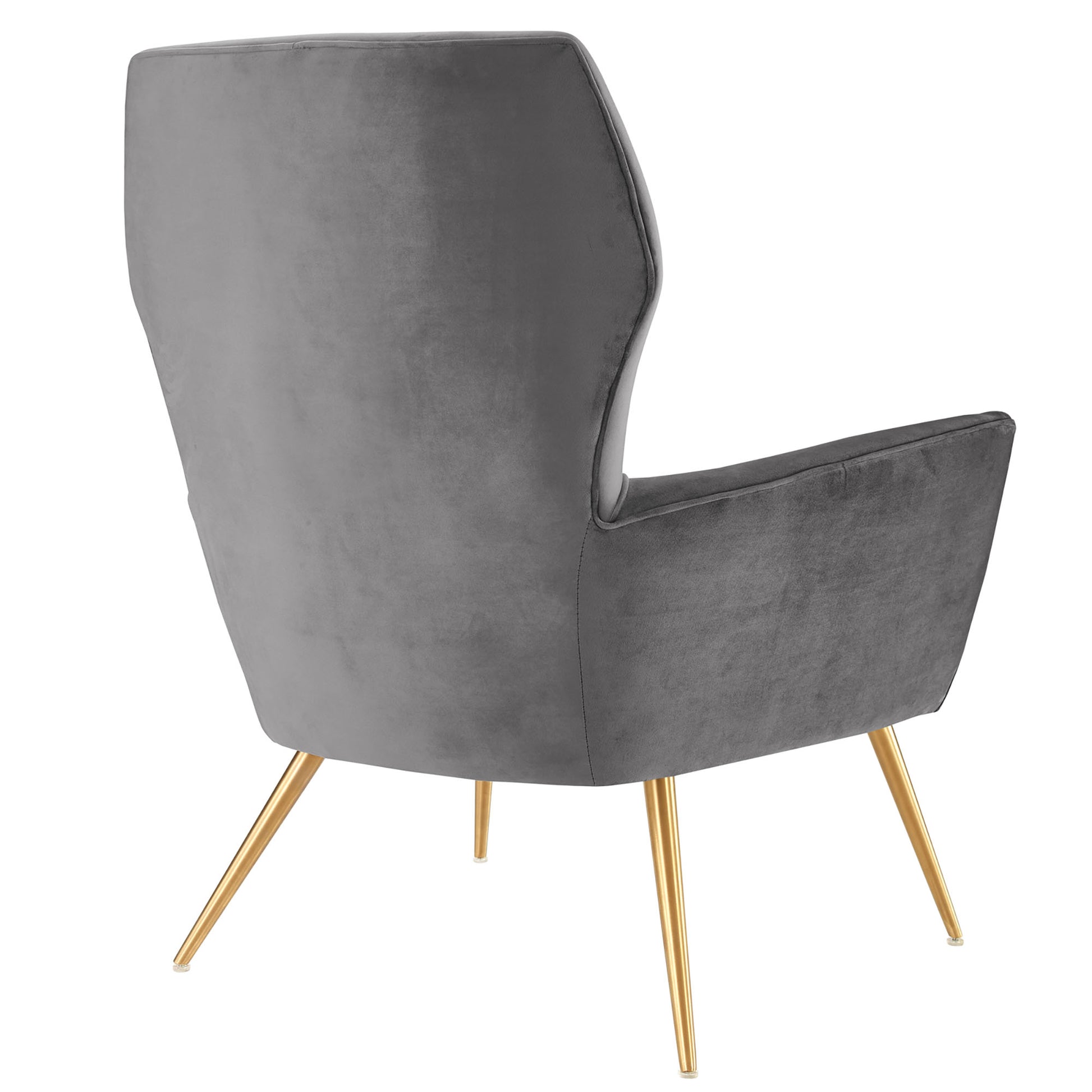 Gray velvet armchair with a tall curved back, button tufting, and angled gold legs in a mid-century modern style.
