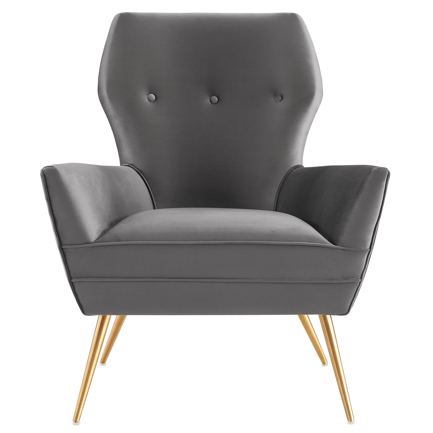 Gray velvet accent chair with tall tufted back, curved armrests, and gold-tone splayed legs.