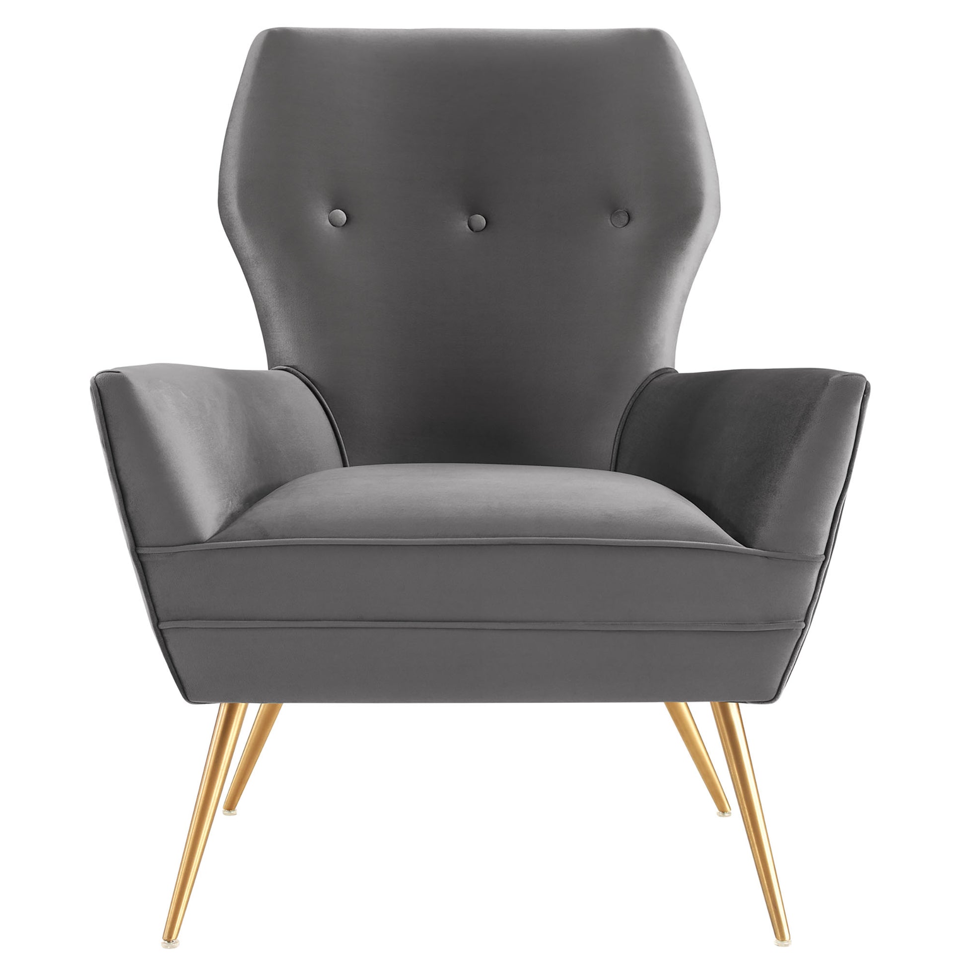 Gray velvet accent chair with tall tufted back, curved armrests, and gold-tone splayed legs.