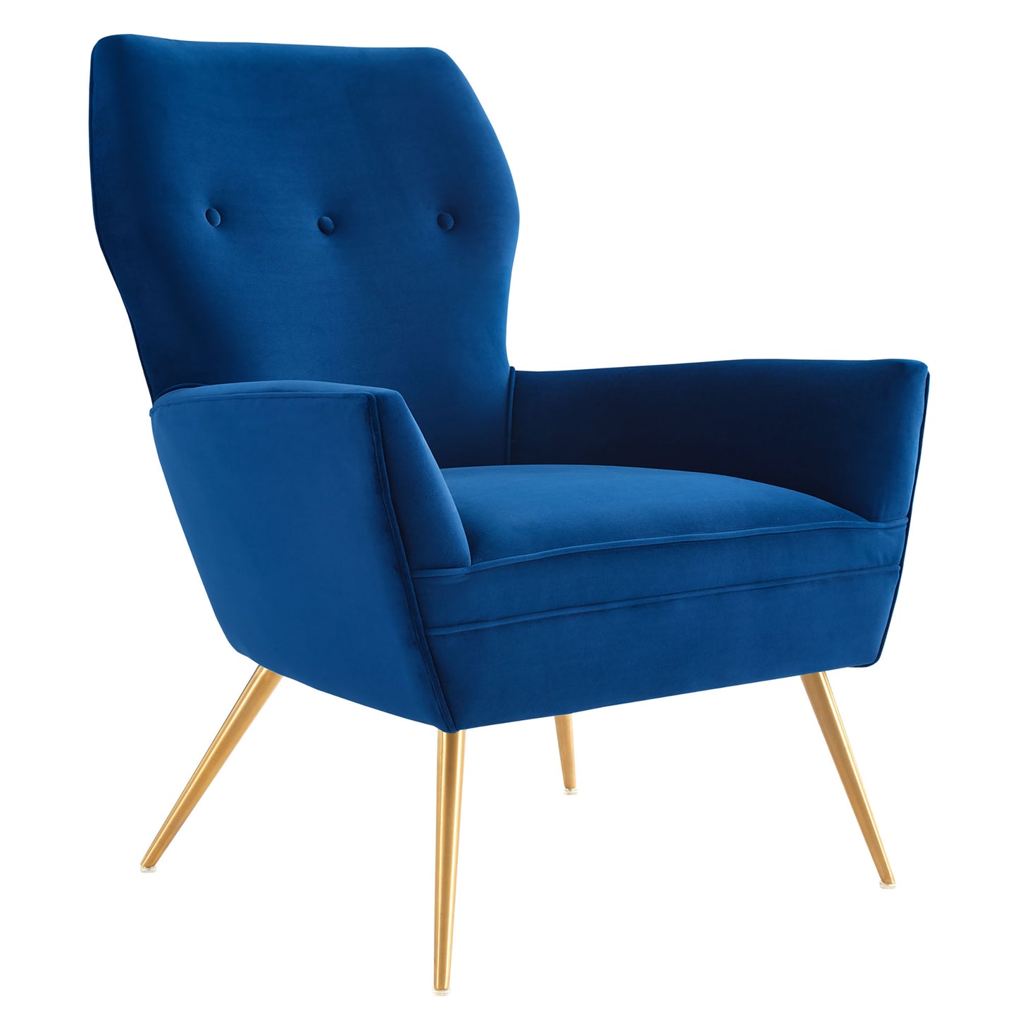 Navy blue velvet accent chair with tall tufted back, curved arms, and gold tapered legs.