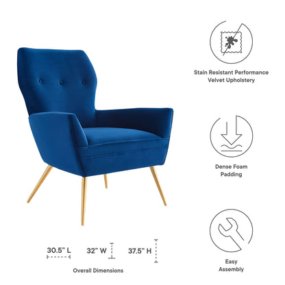 Navy velvet accent armchair with tufted back, gold legs, stain-resistant upholstery and dense foam padding.