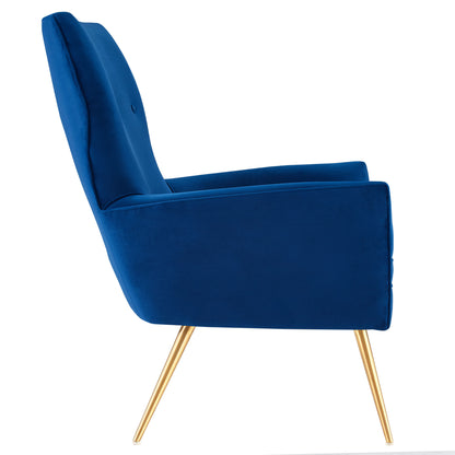 Navy blue velvet armchair with button-tufted back and gold tapered legs, mid-century modern.
