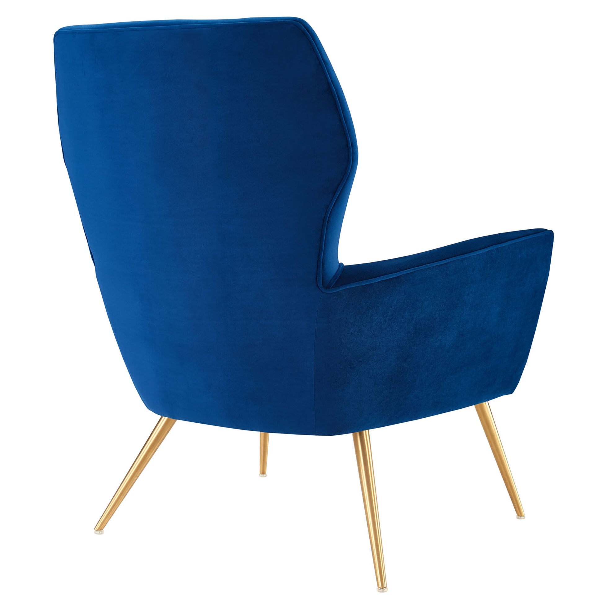 Navy blue velvet armchair with button-tufted back, curved high back design and gold legs.