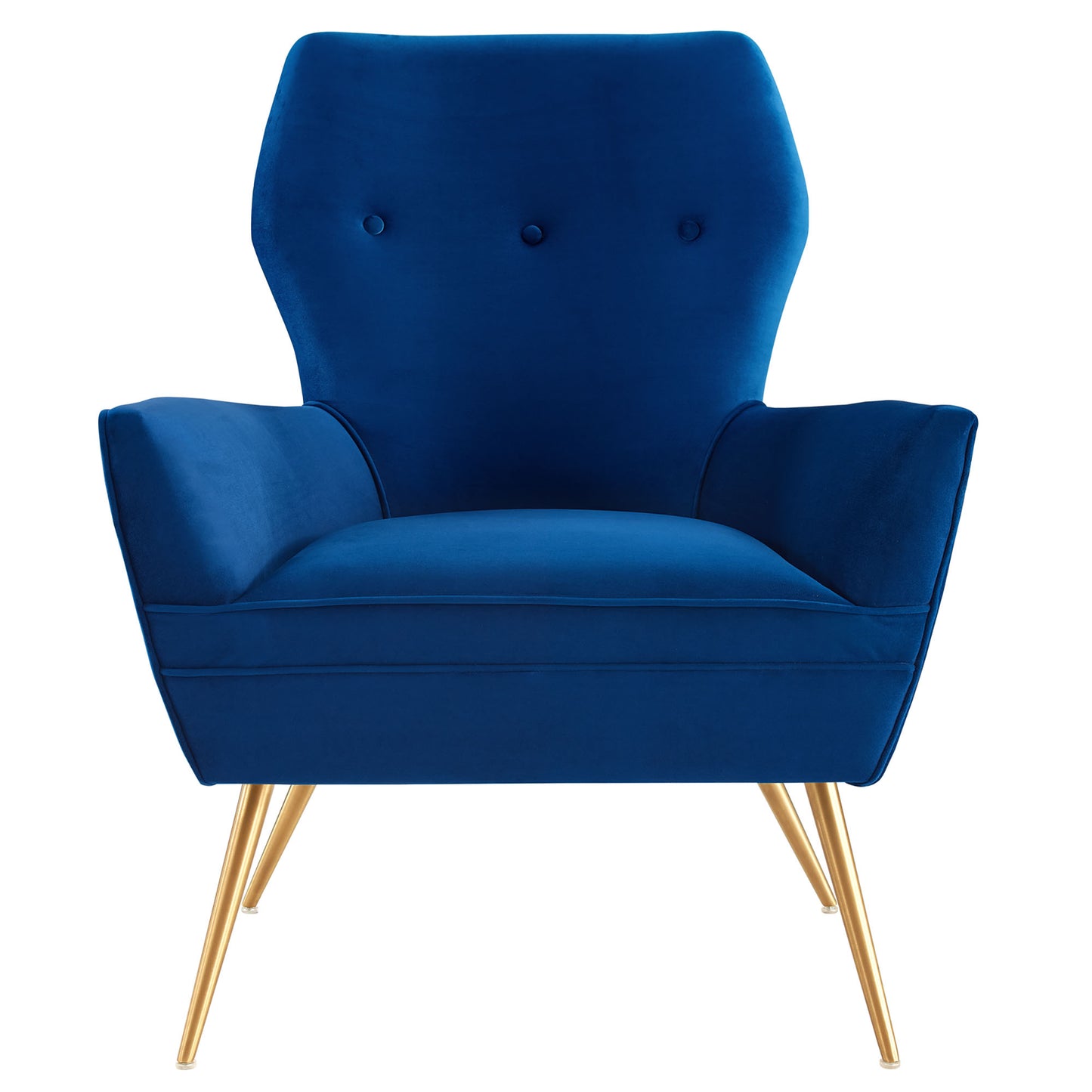 Navy velvet armchair with tufted back, padded arms, & gold tapered legs.