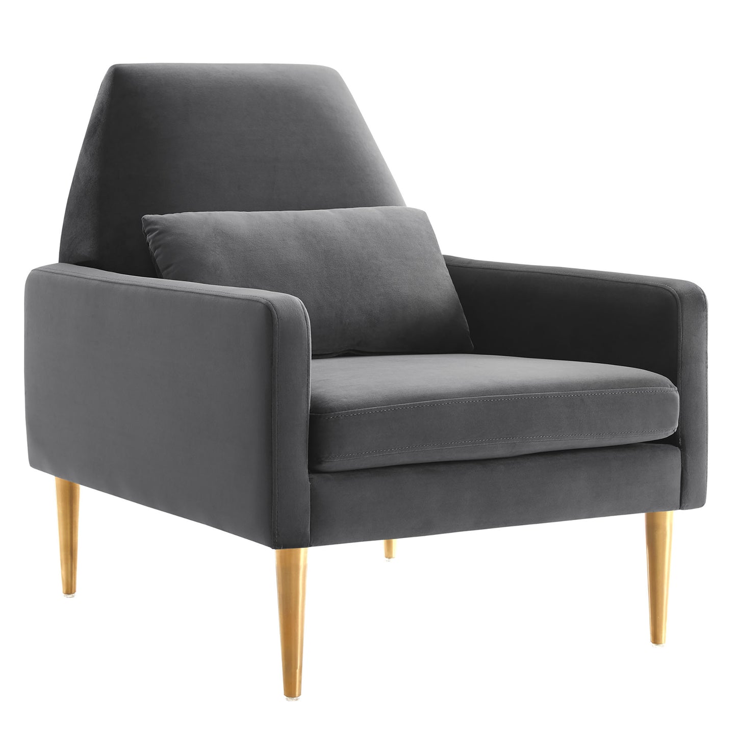 Charcoal gray mid-century armchair with angled back, matching cushion, velvet upholstery, tapered wooden legs.