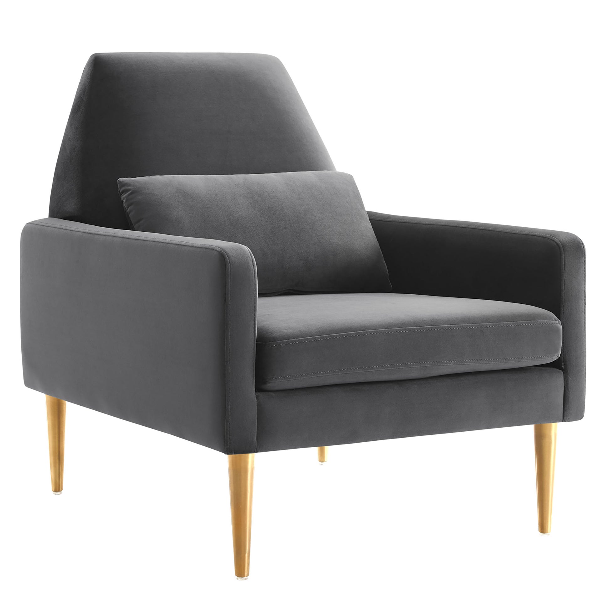 Charcoal gray mid-century armchair with angled back, matching cushion, velvet upholstery, tapered wooden legs.