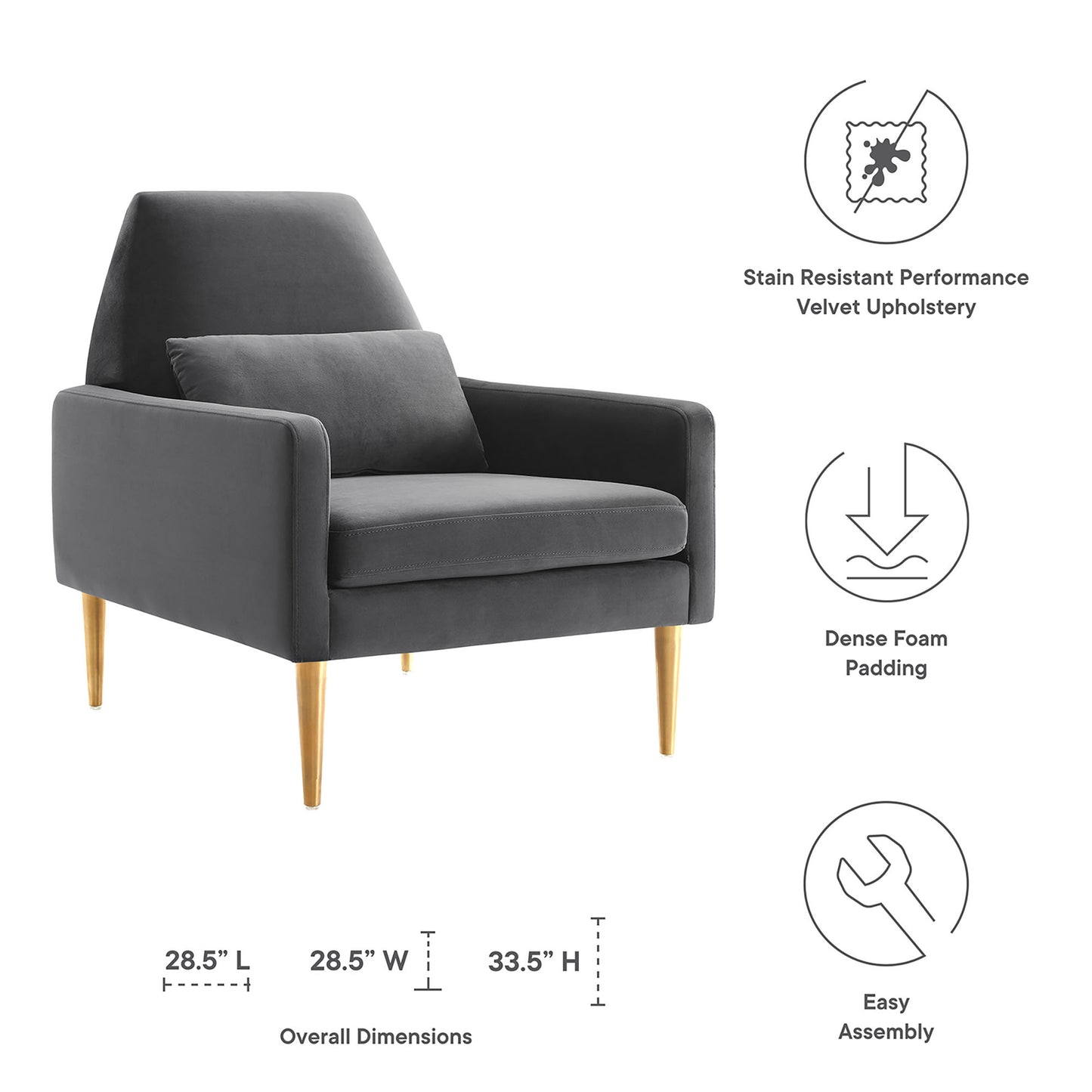 Charcoal velvet armchair with wooden tapered legs and a matching lumbar cushion, modern mid-century style.