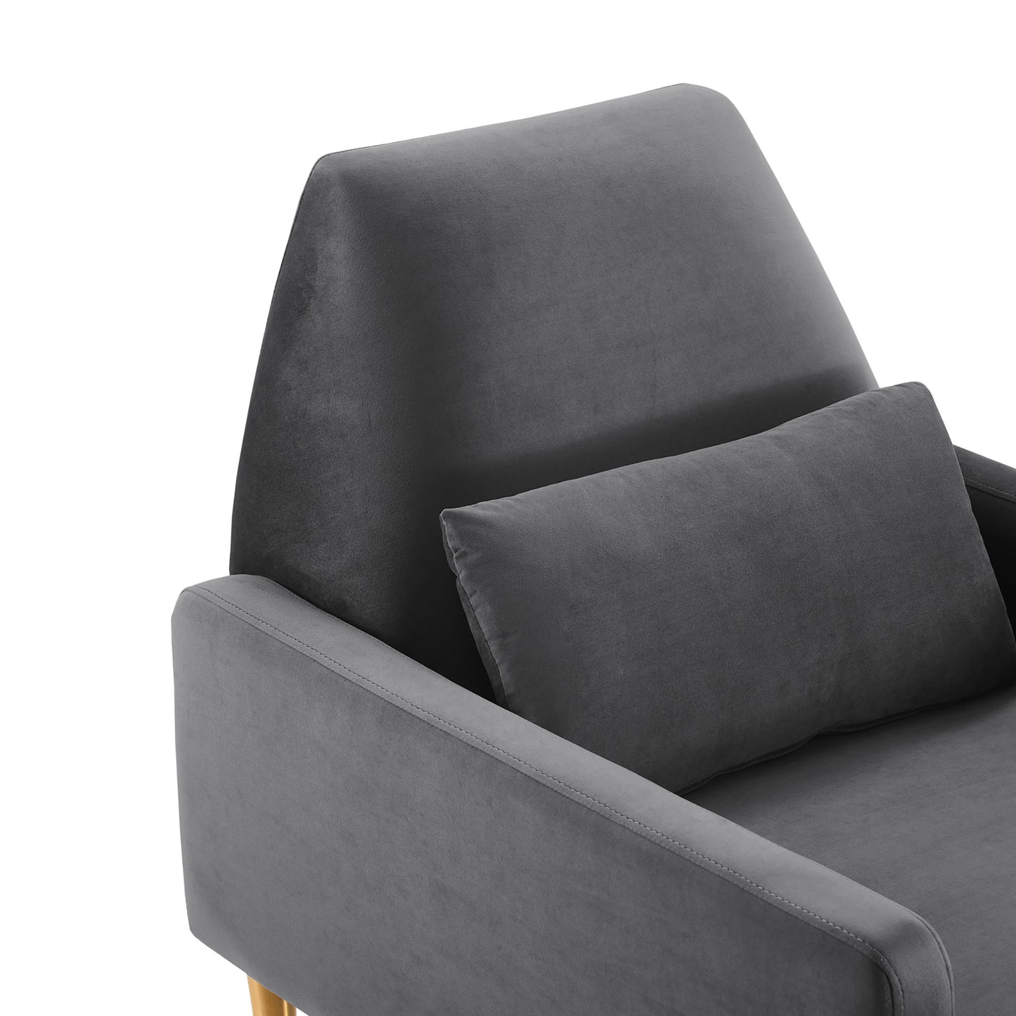 Modern gray velvet armchair with dark backrest, light gray armrests, and a matching lumbar cushion; wooden legs visible.