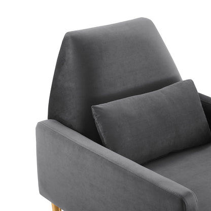Modern gray velvet armchair with dark backrest, light gray armrests, and a matching lumbar cushion; wooden legs visible.