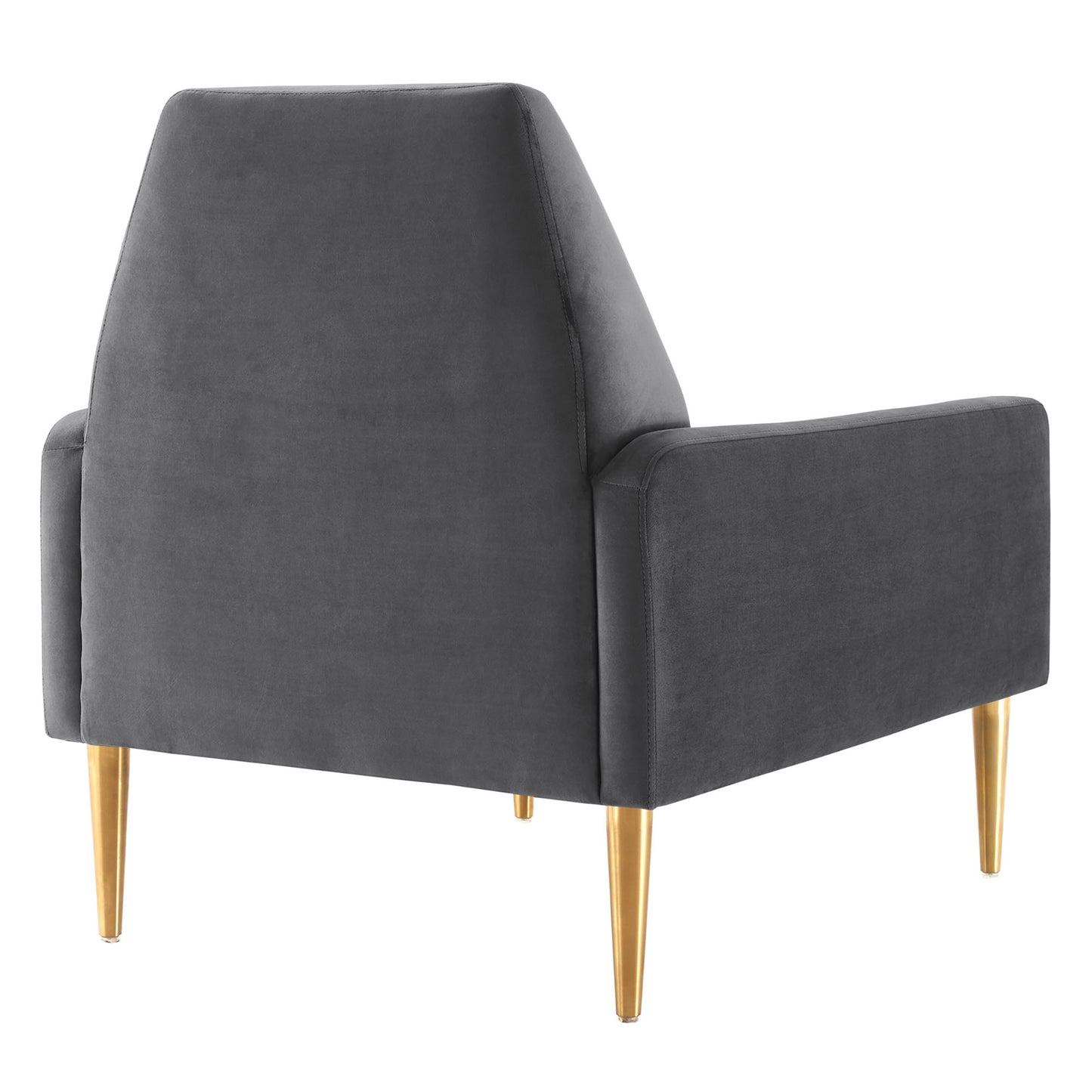 Charcoal gray velvet armchair with tall back, square arms & gold tapered legs for a mid-century modern living room.