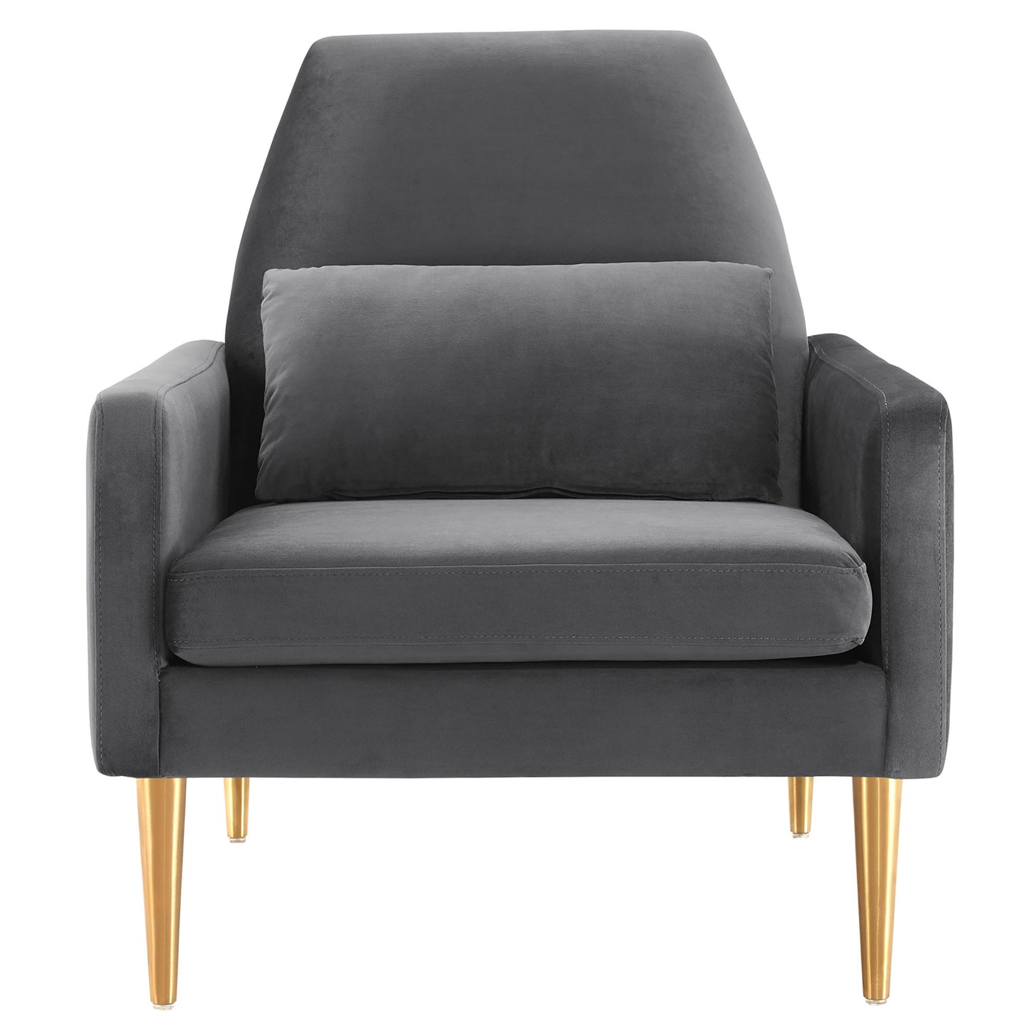 Charcoal gray velvet upholstered armchair with gold-tone tapered legs and matching lumbar cushion, mid-century modern style.
