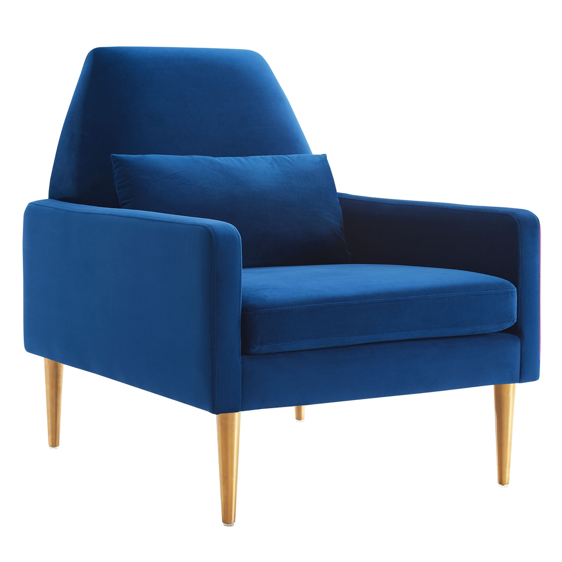 Navy velvet armchair with tall back, plush seat cushion, armrests, and tapered wooden legs.