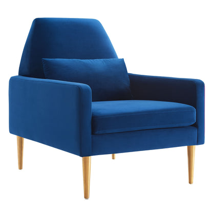 Navy velvet armchair with tall back, plush seat cushion, armrests, and tapered wooden legs.