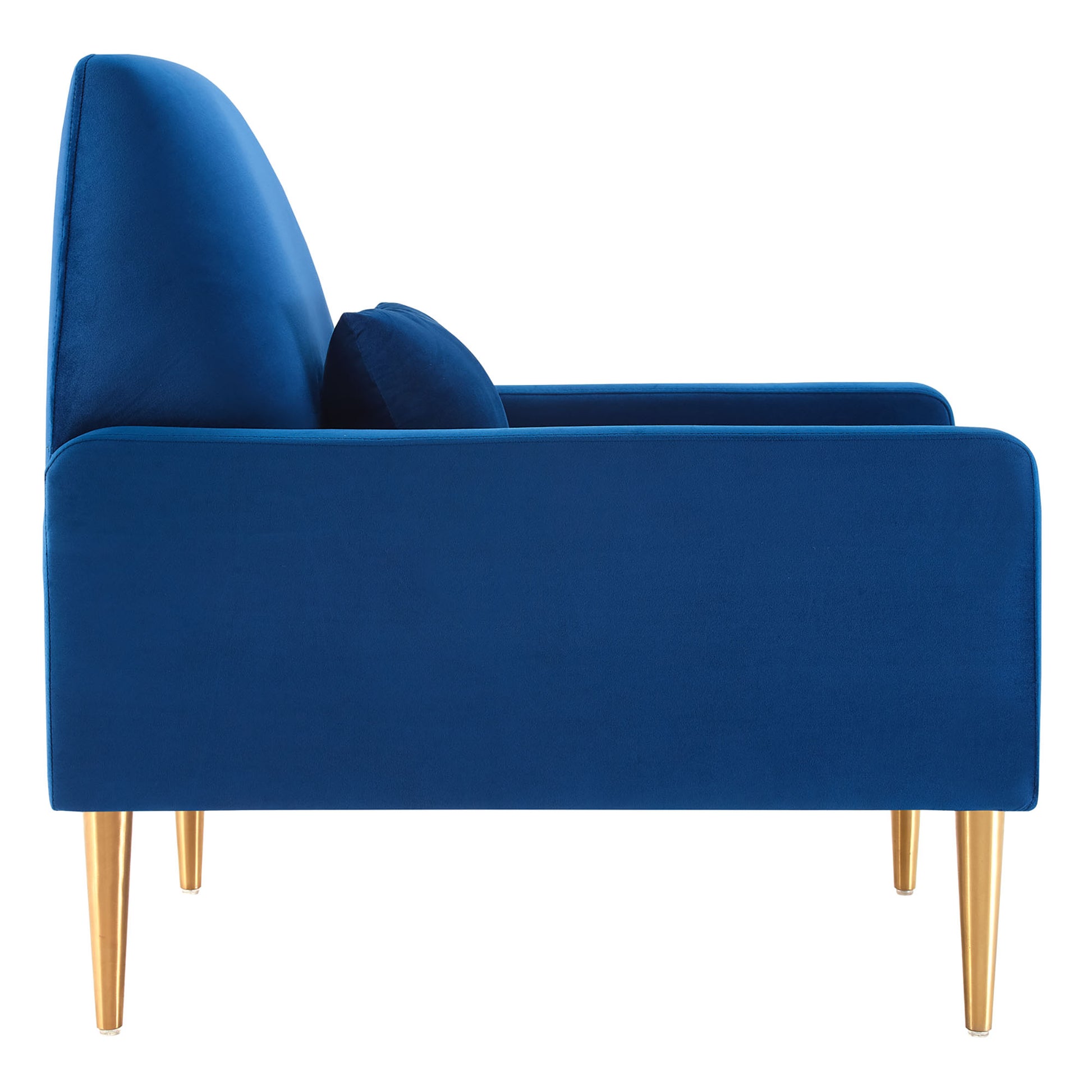 Navy velvet armchair with tall back, gold tapered legs, armrests, and a small matching cushion.