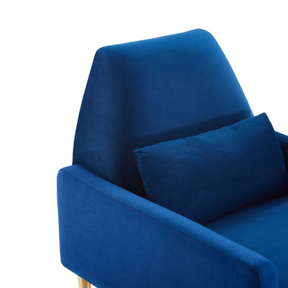 Navy blue velvet armchair with high back, matching lumbar cushion, and visible wooden leg.