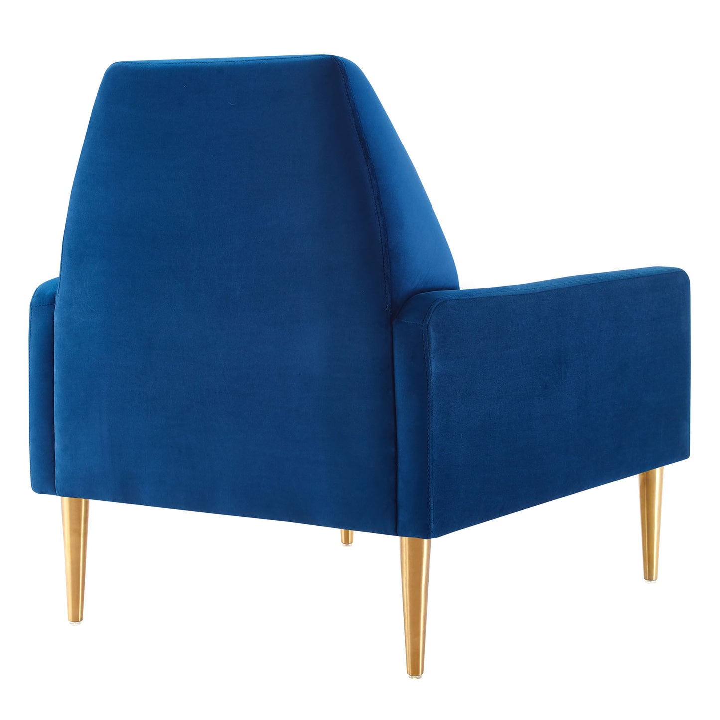 Navy velvet accent armchair with tall back, square arms & gold tapered legs.