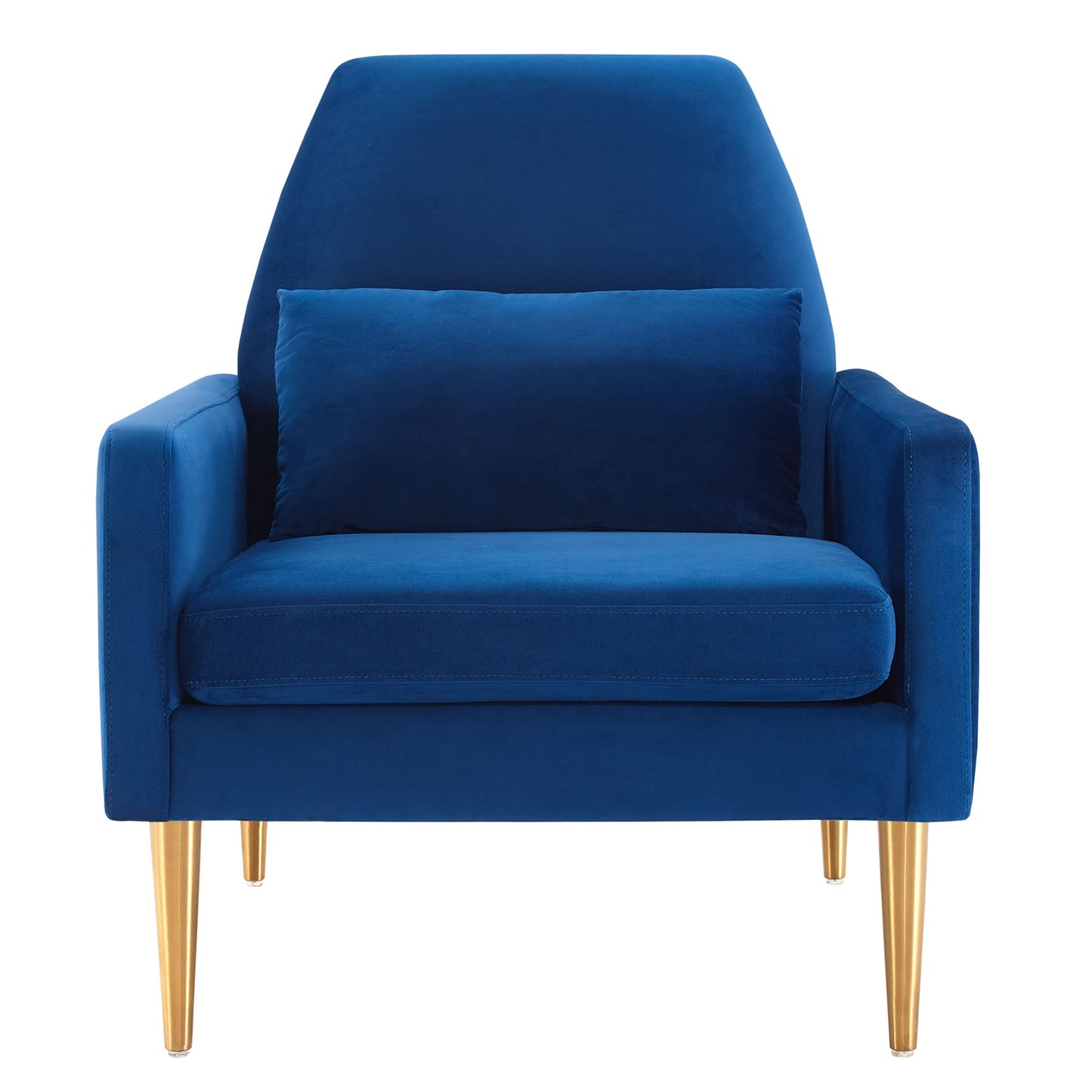 Navy blue velvet armchair with a rectangular lumbar pillow, gold tapered legs, modern mid-century style.