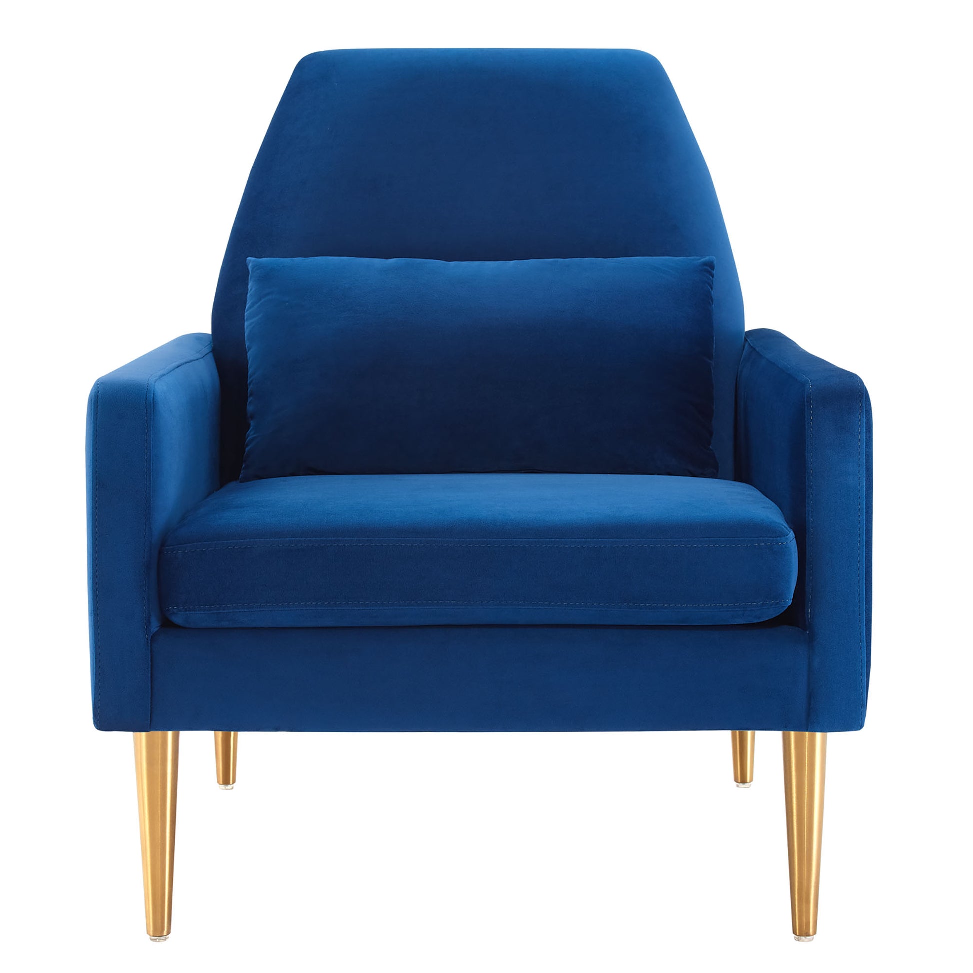 Navy blue velvet armchair with a rectangular lumbar pillow, gold tapered legs, modern mid-century style.