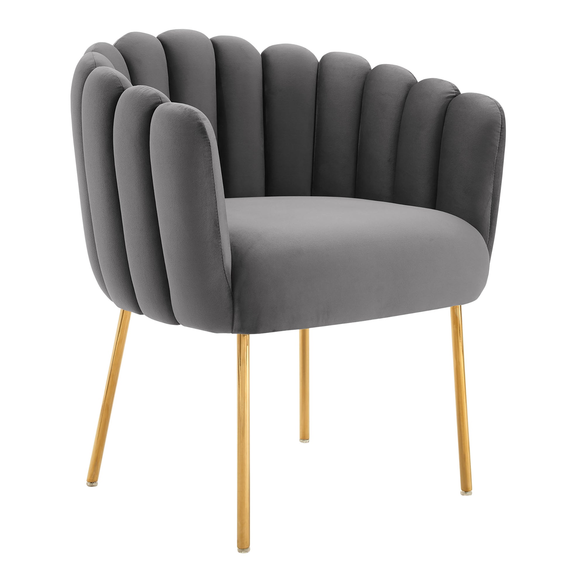 Gray velvet armchair with channel tufting and gold-tone legs.