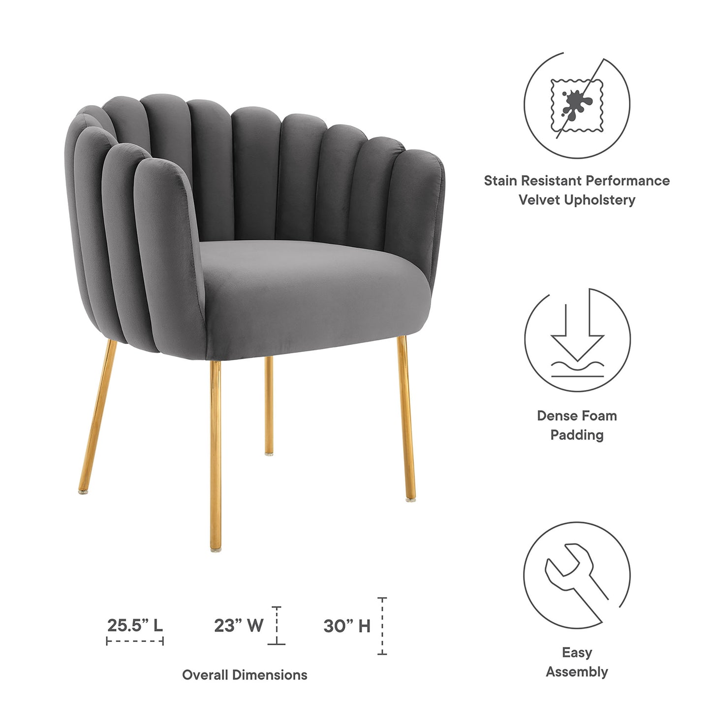 Gray velvet channel-tufted armchair with dense foam padding and gold metal legs for modern lounge seating.
