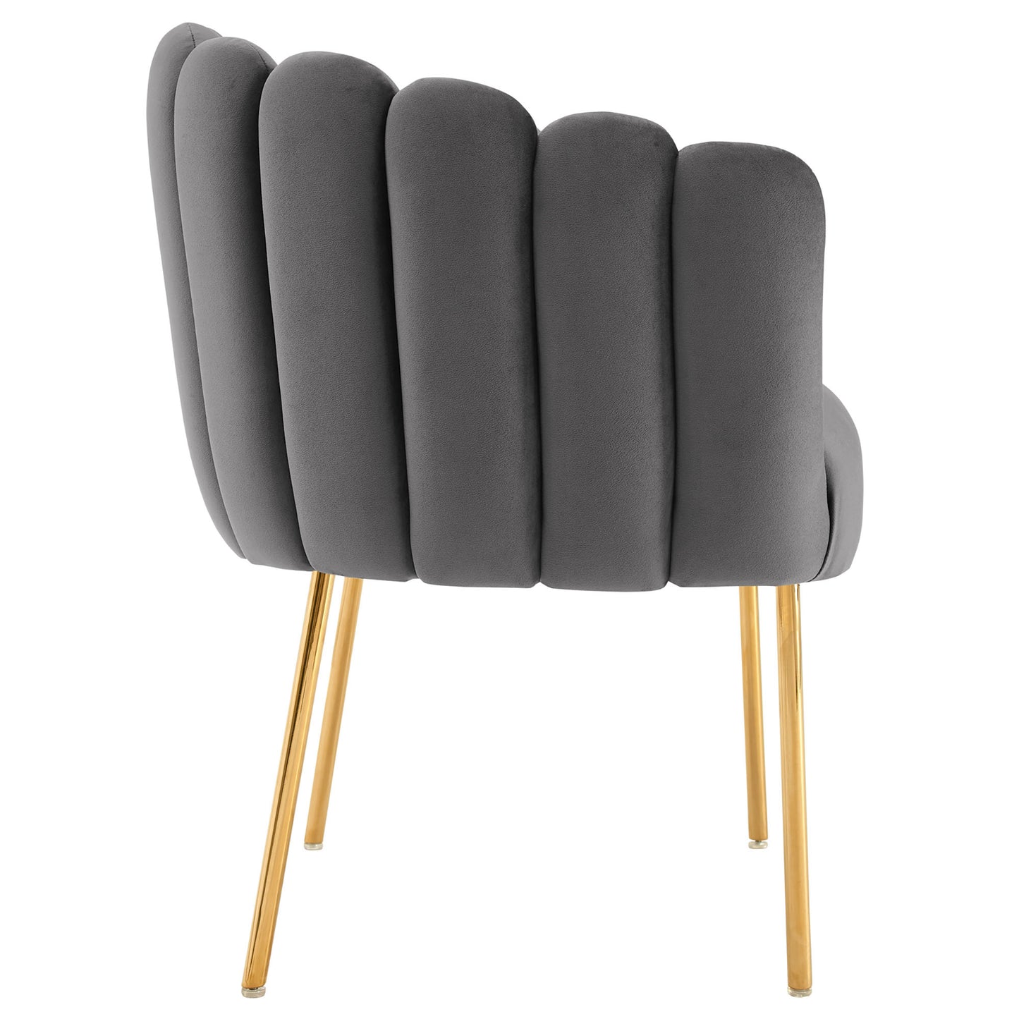 Gray channel-tufted velvet armchair with rounded back and gold metal legs