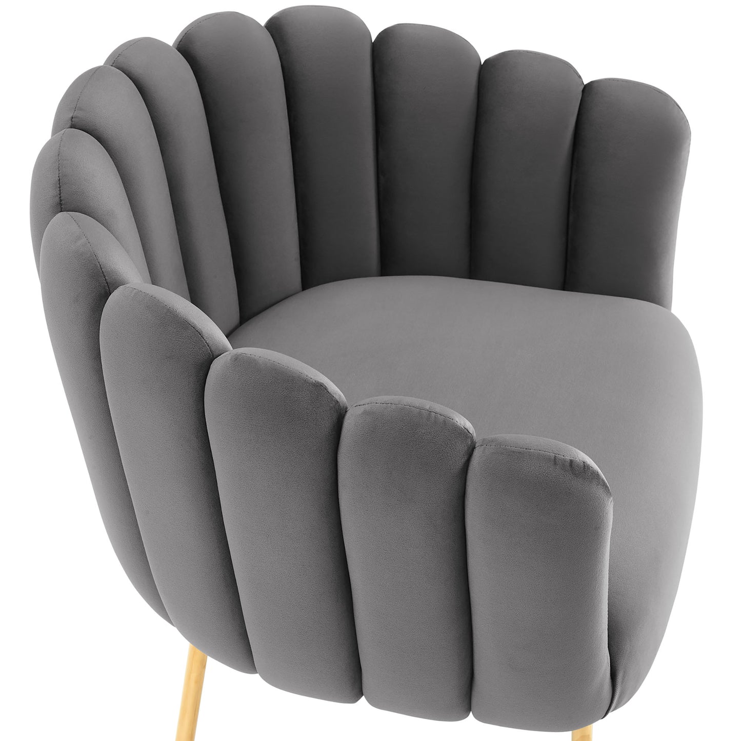 Gray upholstered channel-tufted armchair with rounded arms and light wood legs.