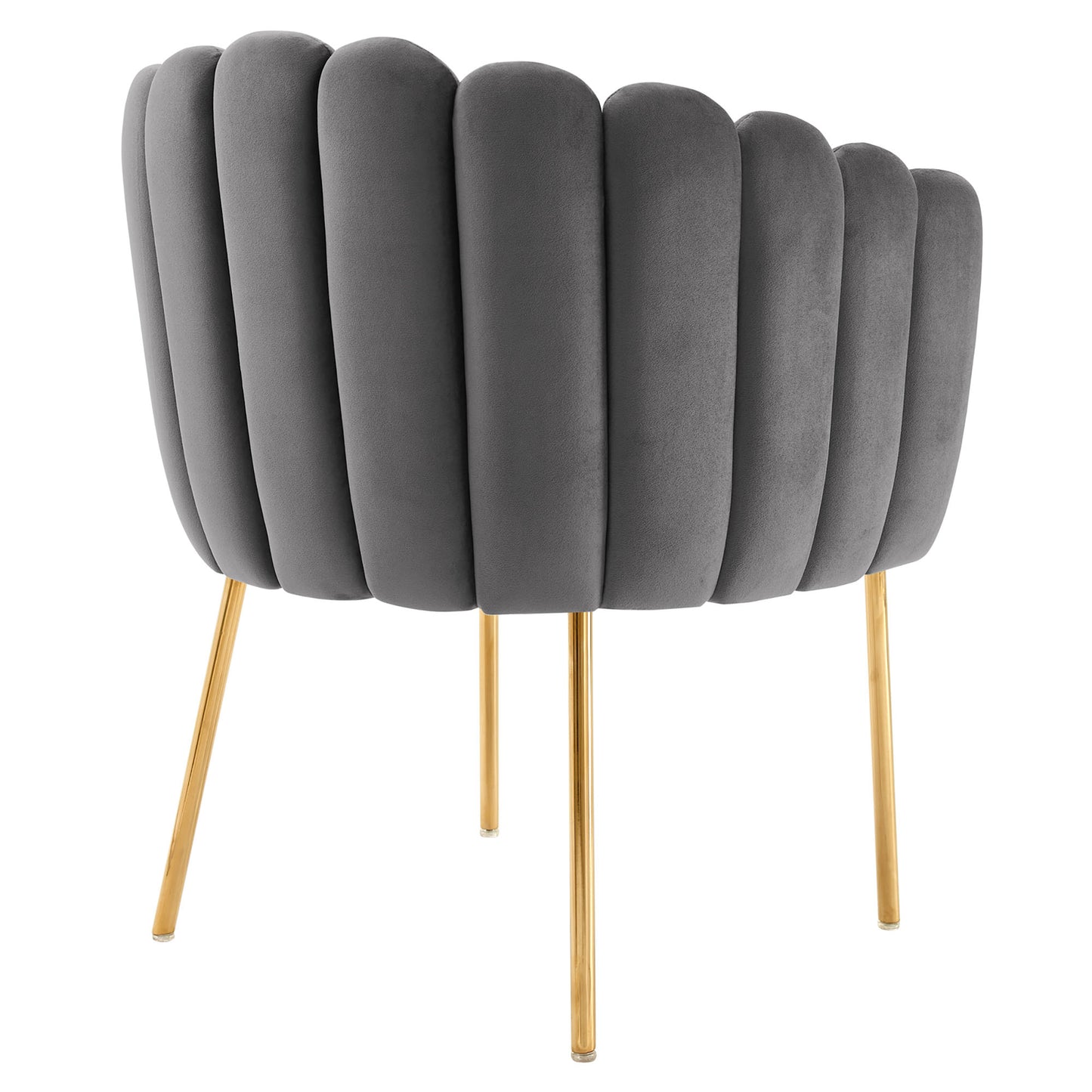 Gray velvet lounge chair with a tall channel-tufted back and gold metal legs.