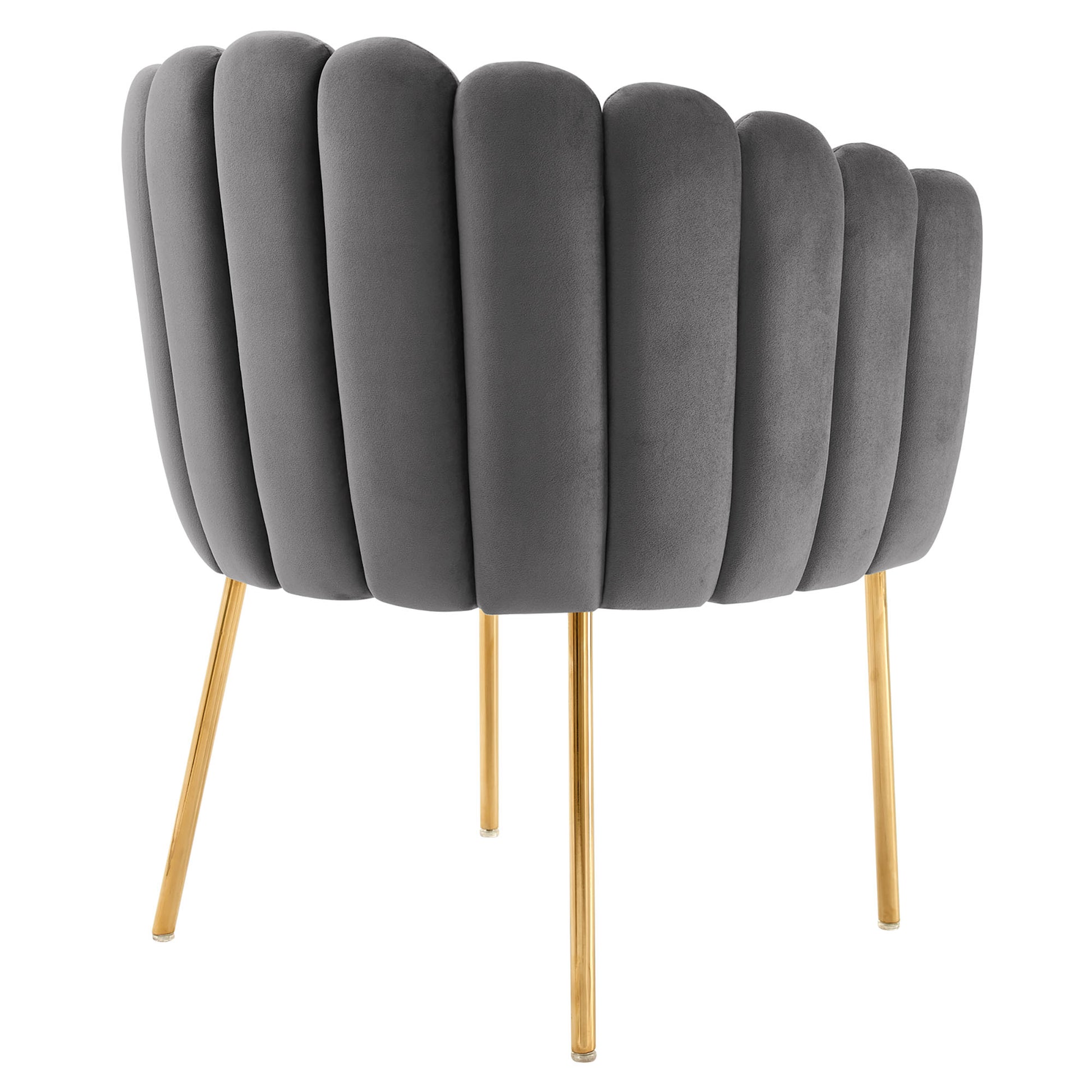 Gray velvet lounge chair with a tall channel-tufted back and gold metal legs.