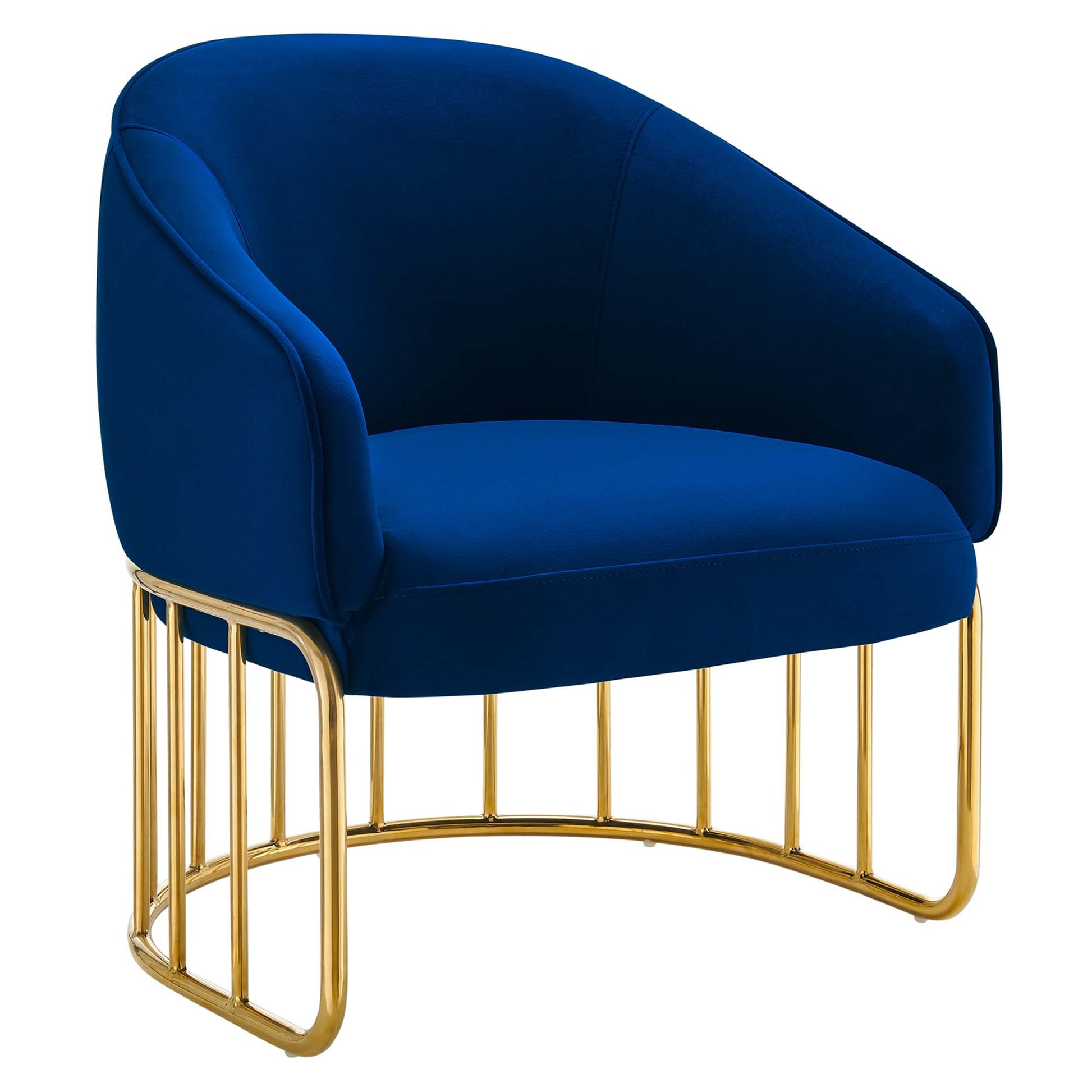 Navy blue velvet armchair with rounded back & gold metal curved base