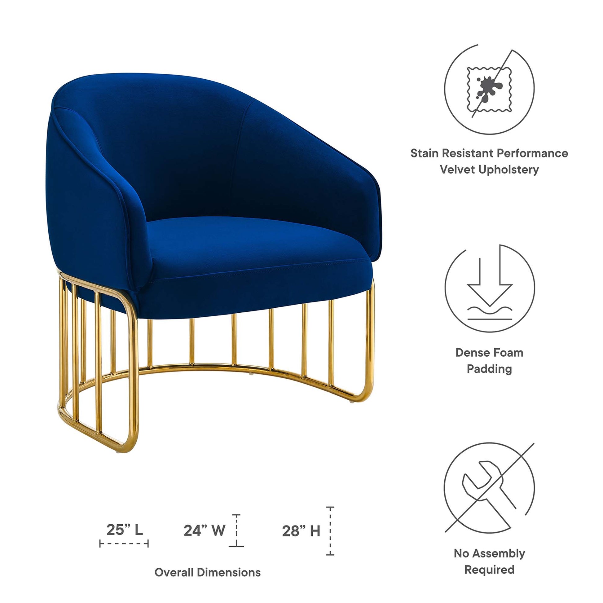 Navy velvet accent chair with gold metal frame, curved back, dense foam padding; modern glam seating.