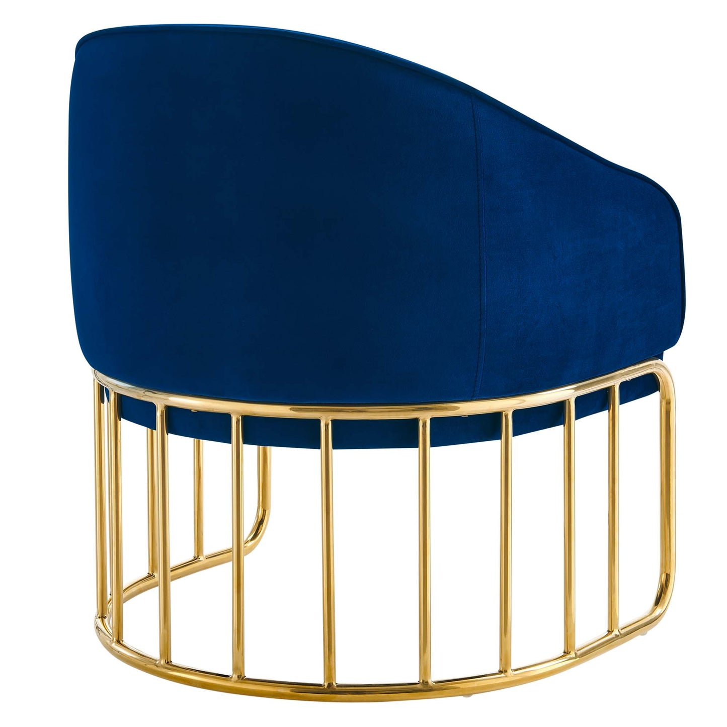 Navy blue velvet lounge chair with curved back and gold-tone metal circular base.