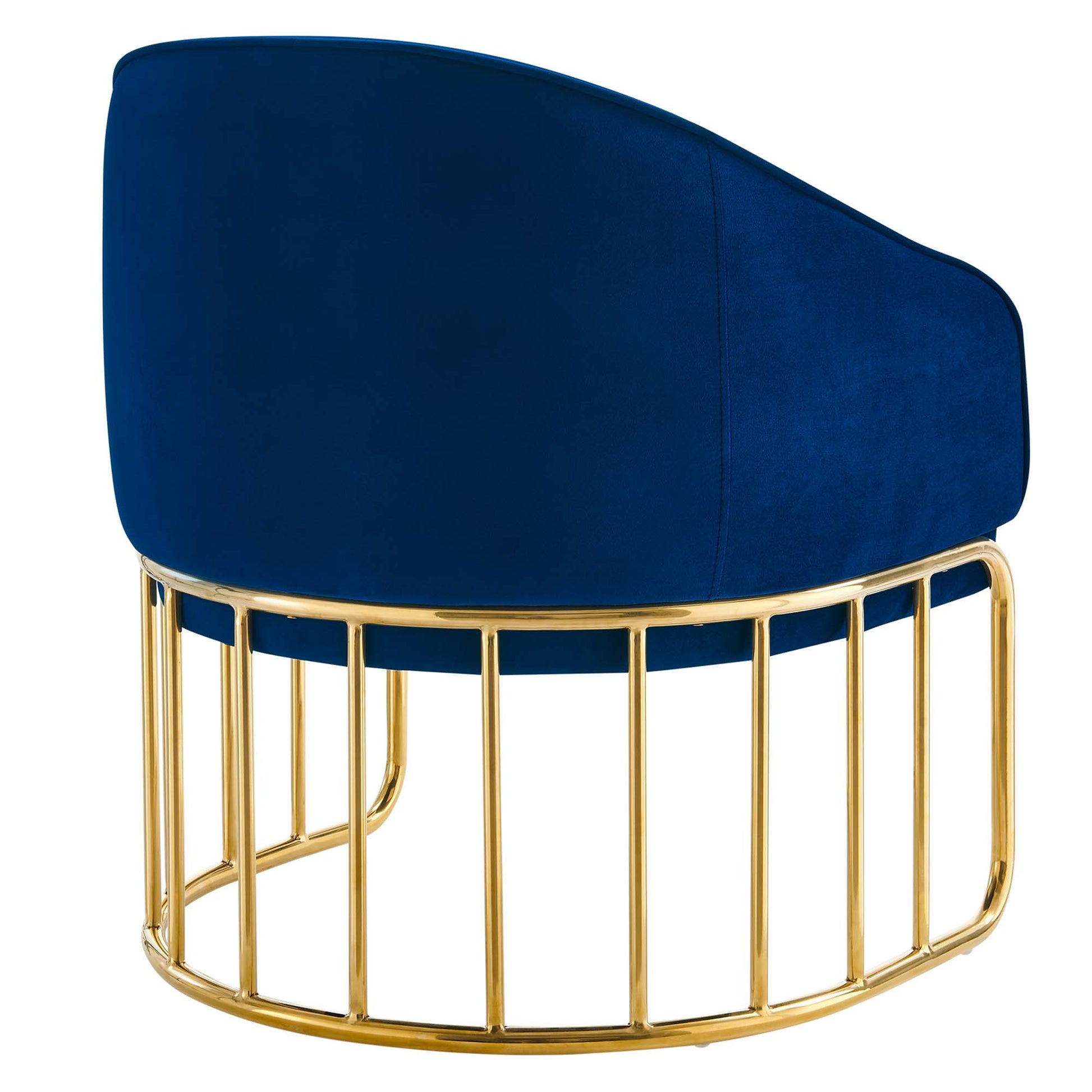 Navy blue velvet lounge chair with curved back and gold-tone metal circular base.