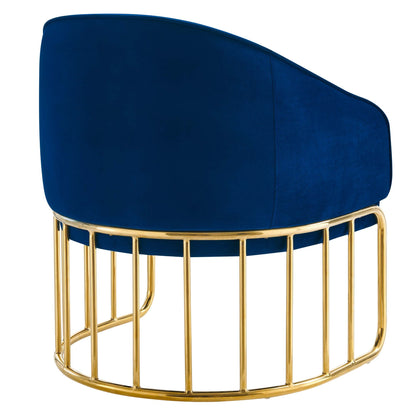 Navy blue velvet lounge chair with curved back and gold-tone metal circular base.
