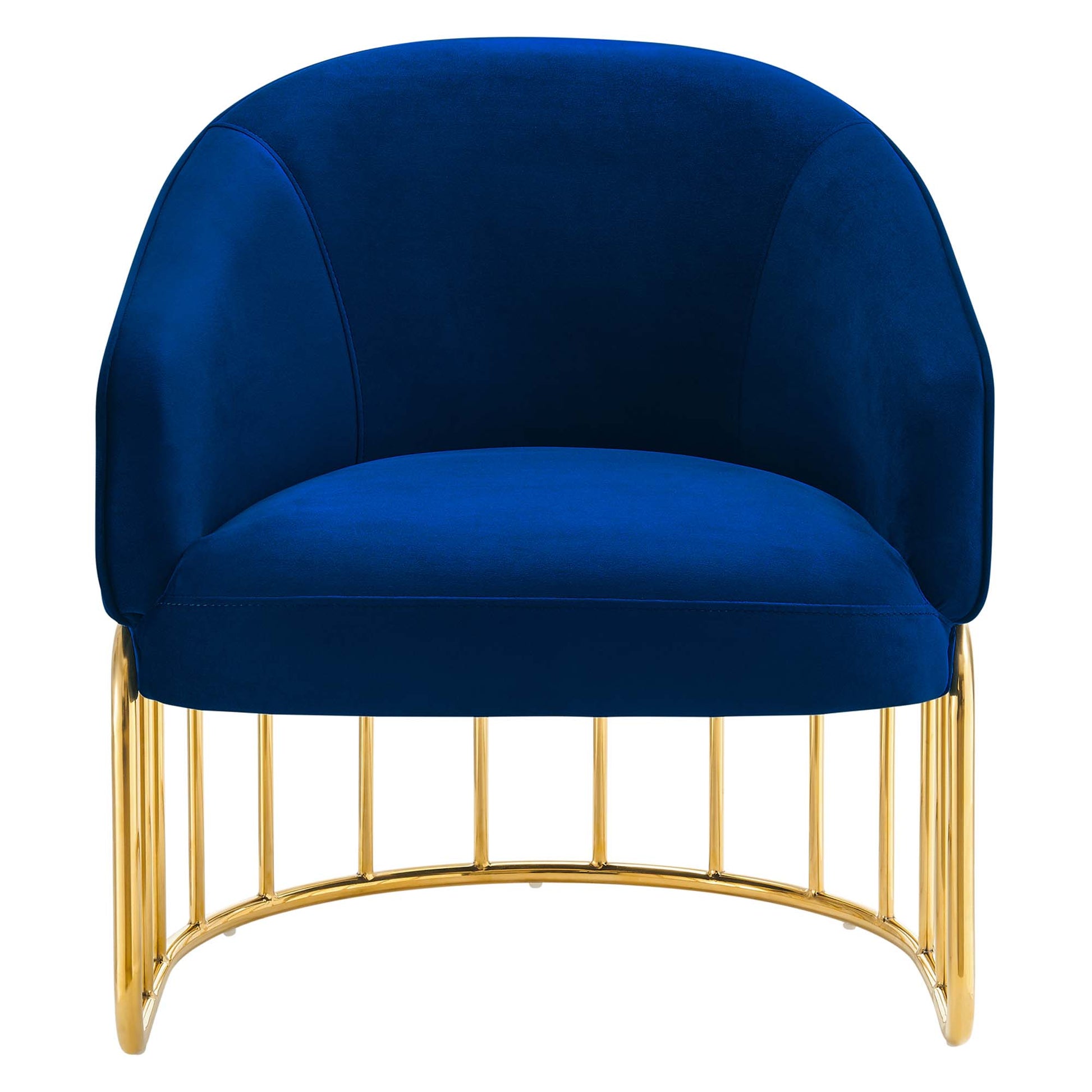 Navy blue velvet accent chair with rounded back and circular gold metal frame