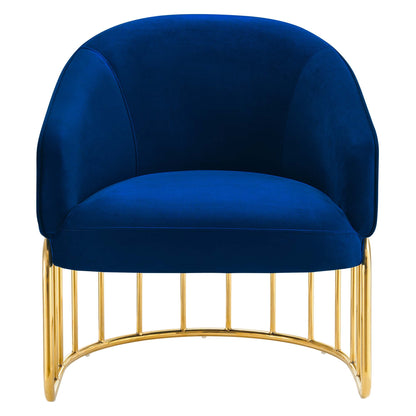 Navy blue velvet accent chair with rounded back and circular gold metal frame