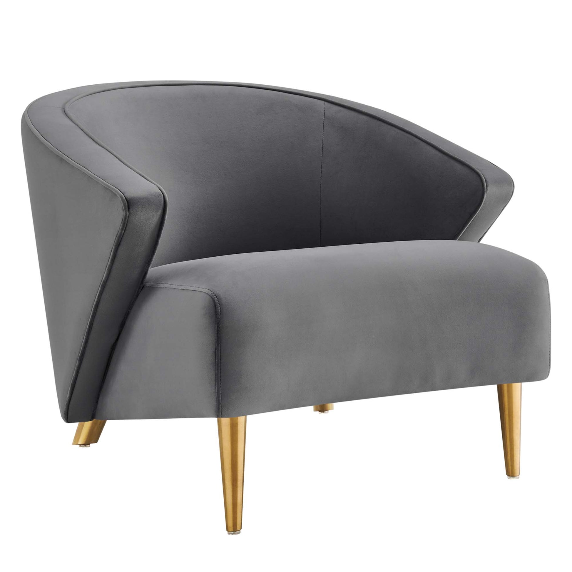 Grey velvet curved armchair with gold tapered legs, mid-century style.