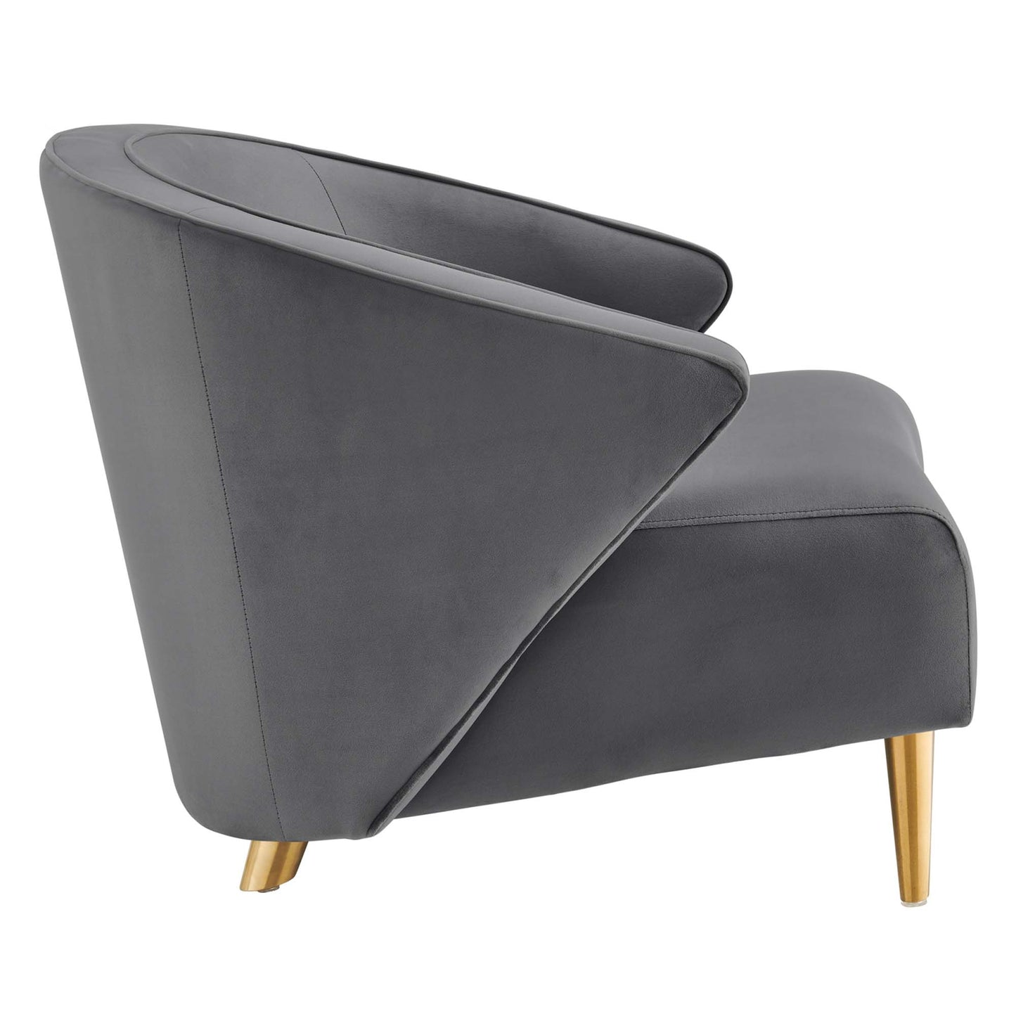 Grey velvet lounge chair with curved wraparound back and gold legs.