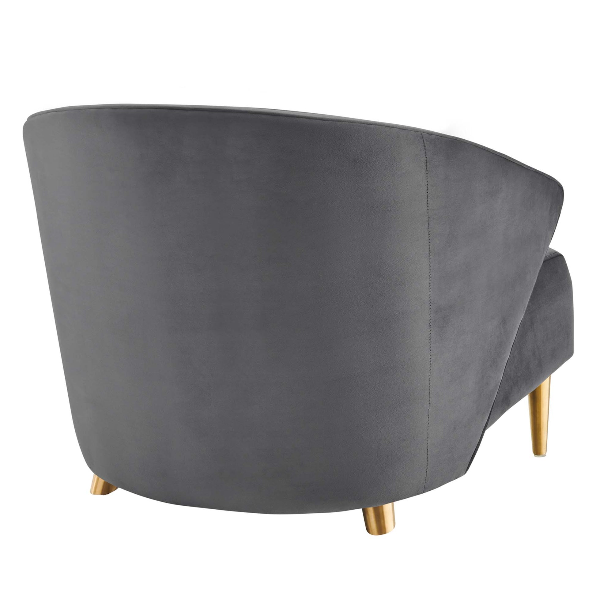 Gray velvet curved accent chair with rounded back & gold legs, modern lounge seating.