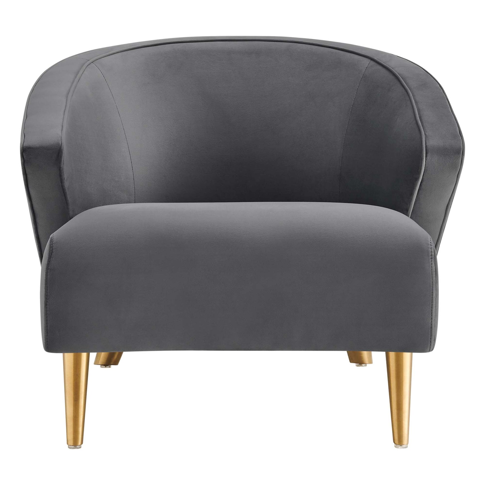 Gray velvet barrel chair with curved back and gold tapered legs.