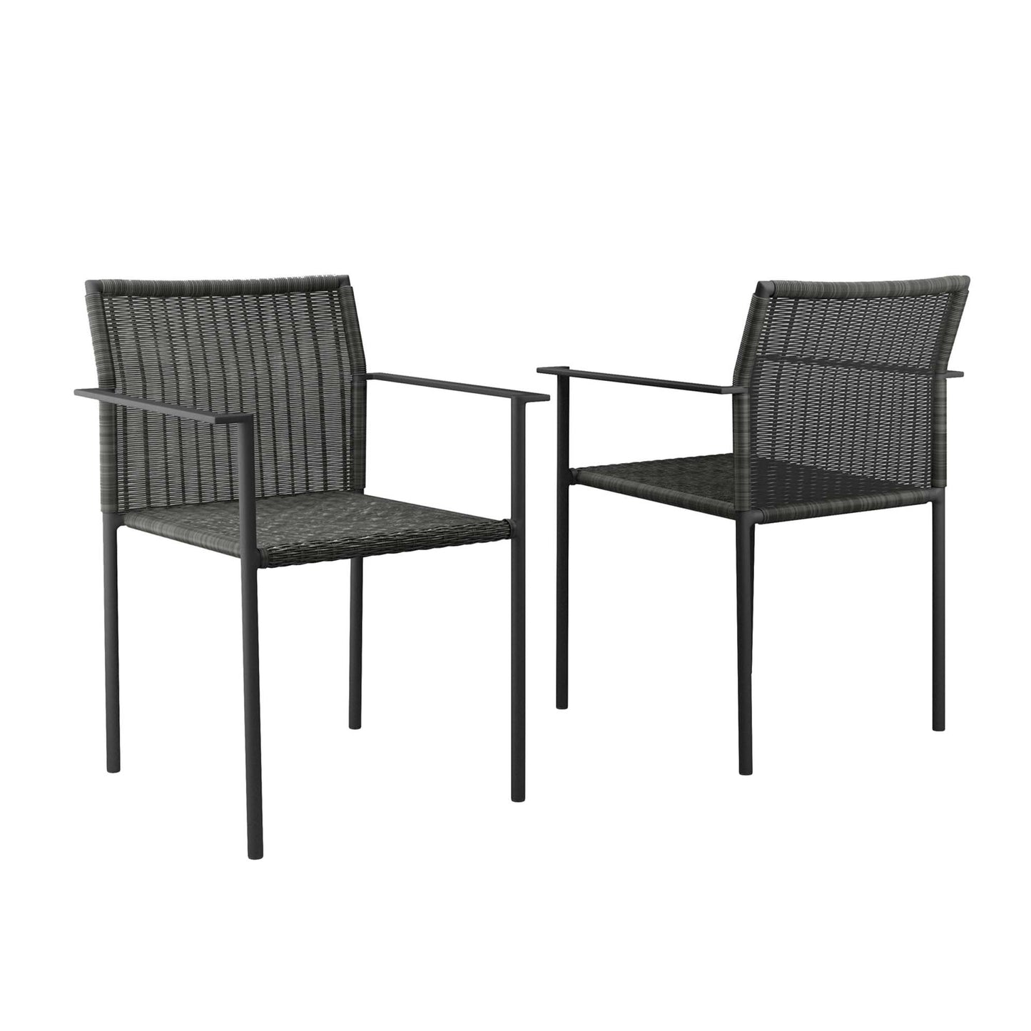 Pair of black woven resin wicker chairs with slim metal frames and straight arms, outdoor patio seating.