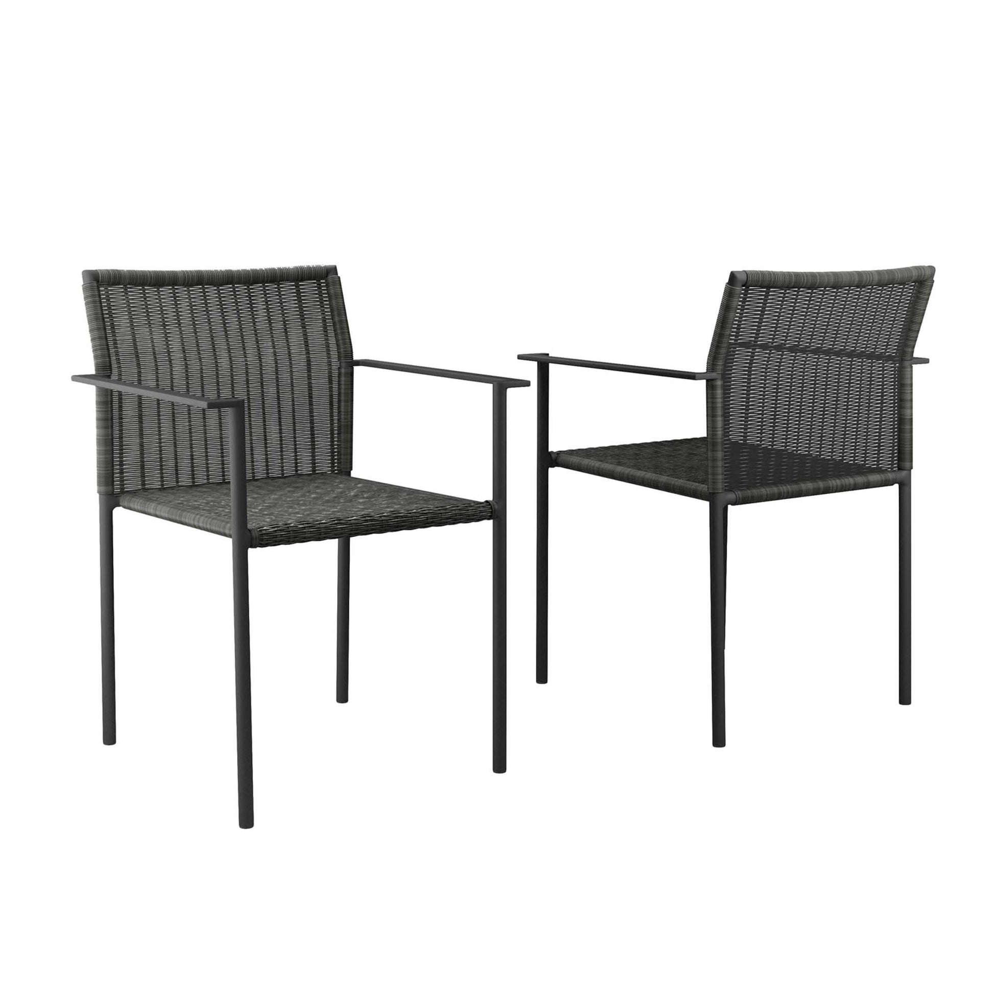 Pair of black woven resin wicker chairs with slim metal frames and straight arms, outdoor patio seating.