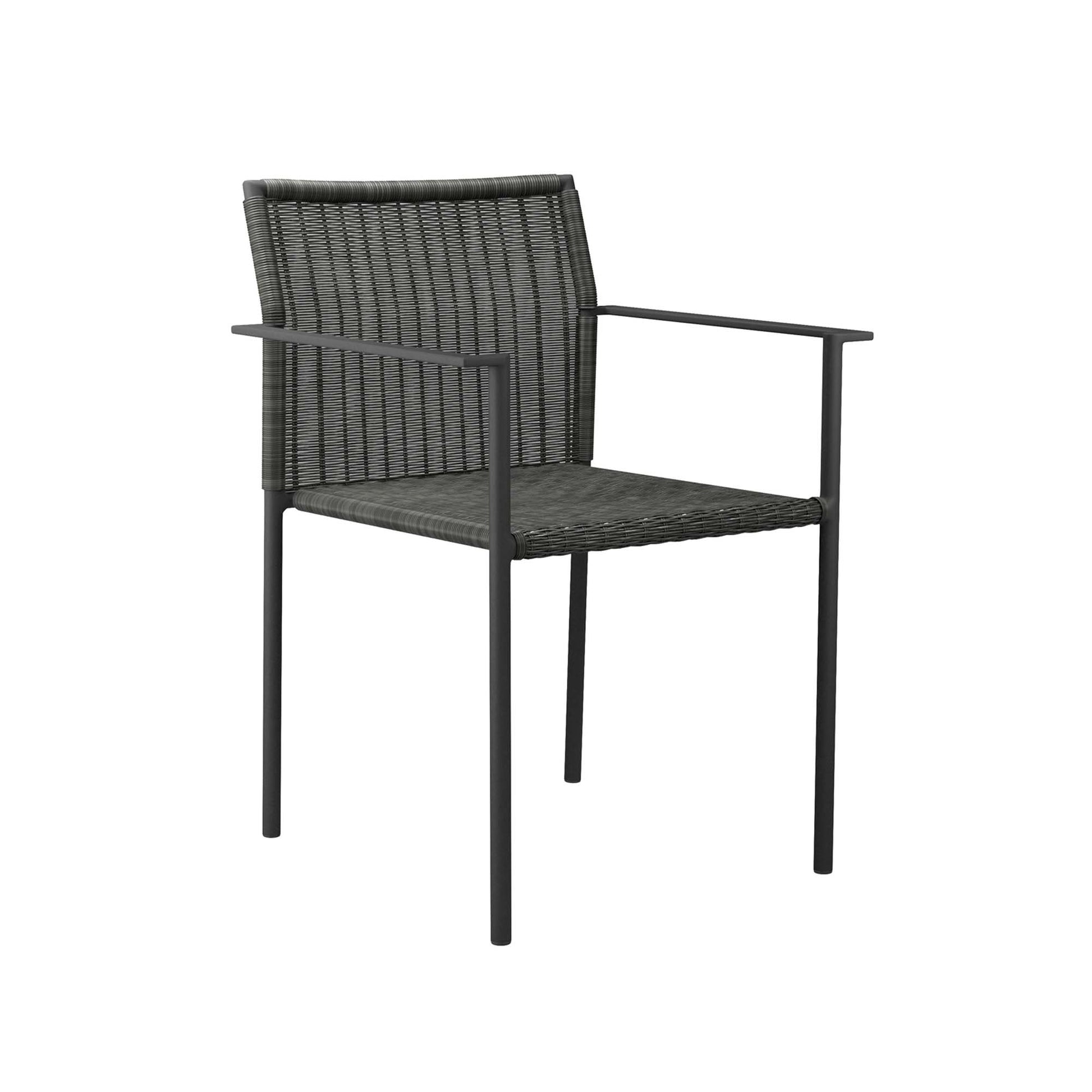 Charcoal gray woven outdoor dining armchairs with metal frames and slim armrests; set of 2.