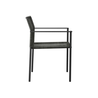 Charcoal-black woven rattan outdoor dining armchairs (set of 2) with slim metal frames and straight armrests.