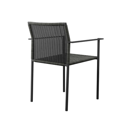 Dark gray wicker outdoor patio dining armchairs, set of 2, with metal frames; woven back and seat and slim armrests.