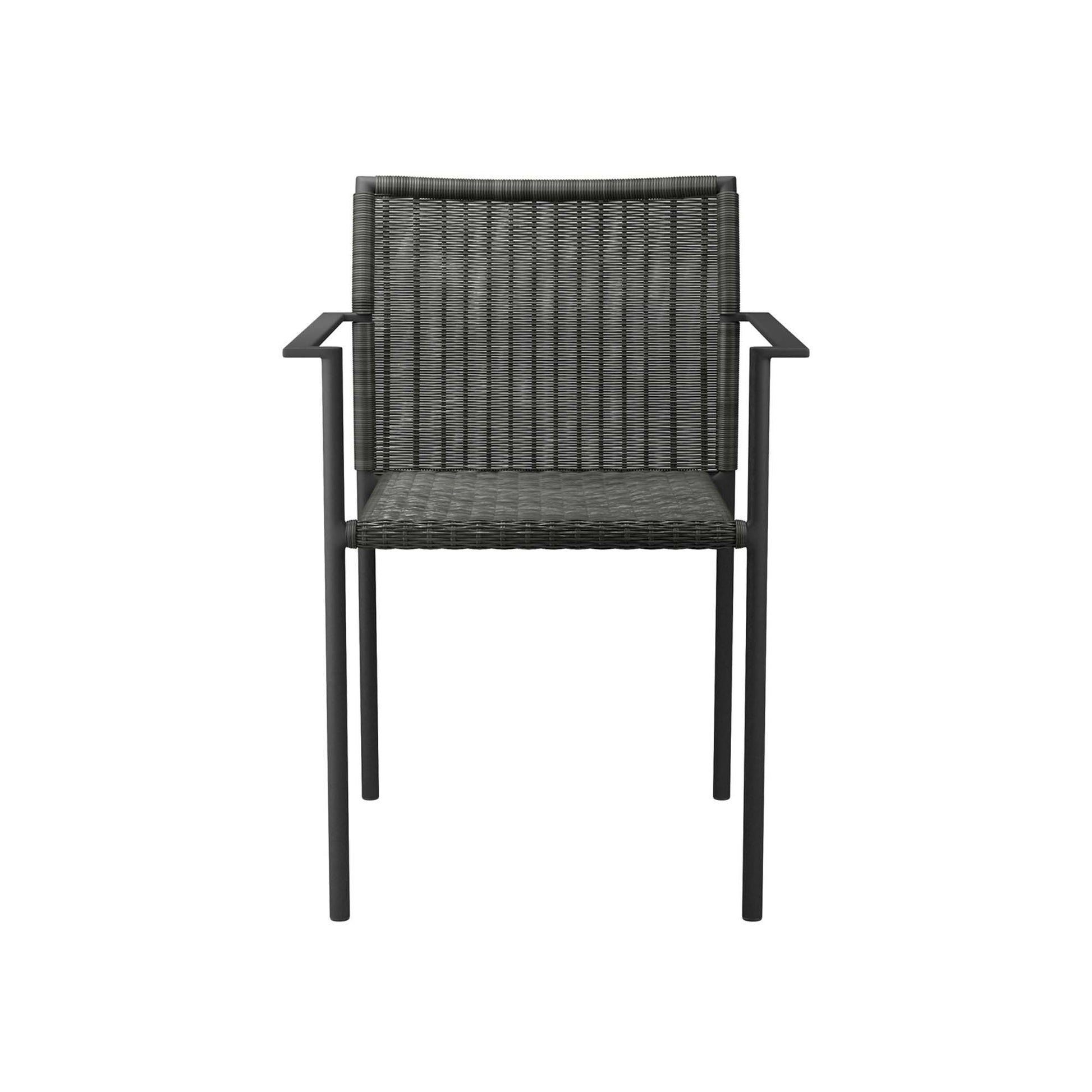 Dark gray woven rattan outdoor dining armchairs set of 2 with metal frame & square arms.