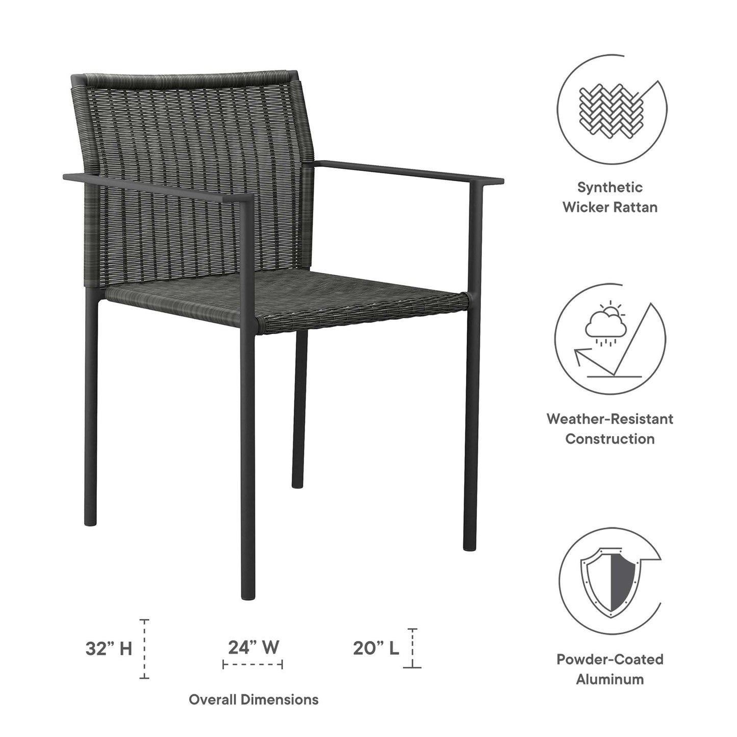 Outdoor dining armchairs set of 2 with dark gray synthetic wicker and powder-coated aluminum frame; weather-resistant; 32H x 24W x 20L.