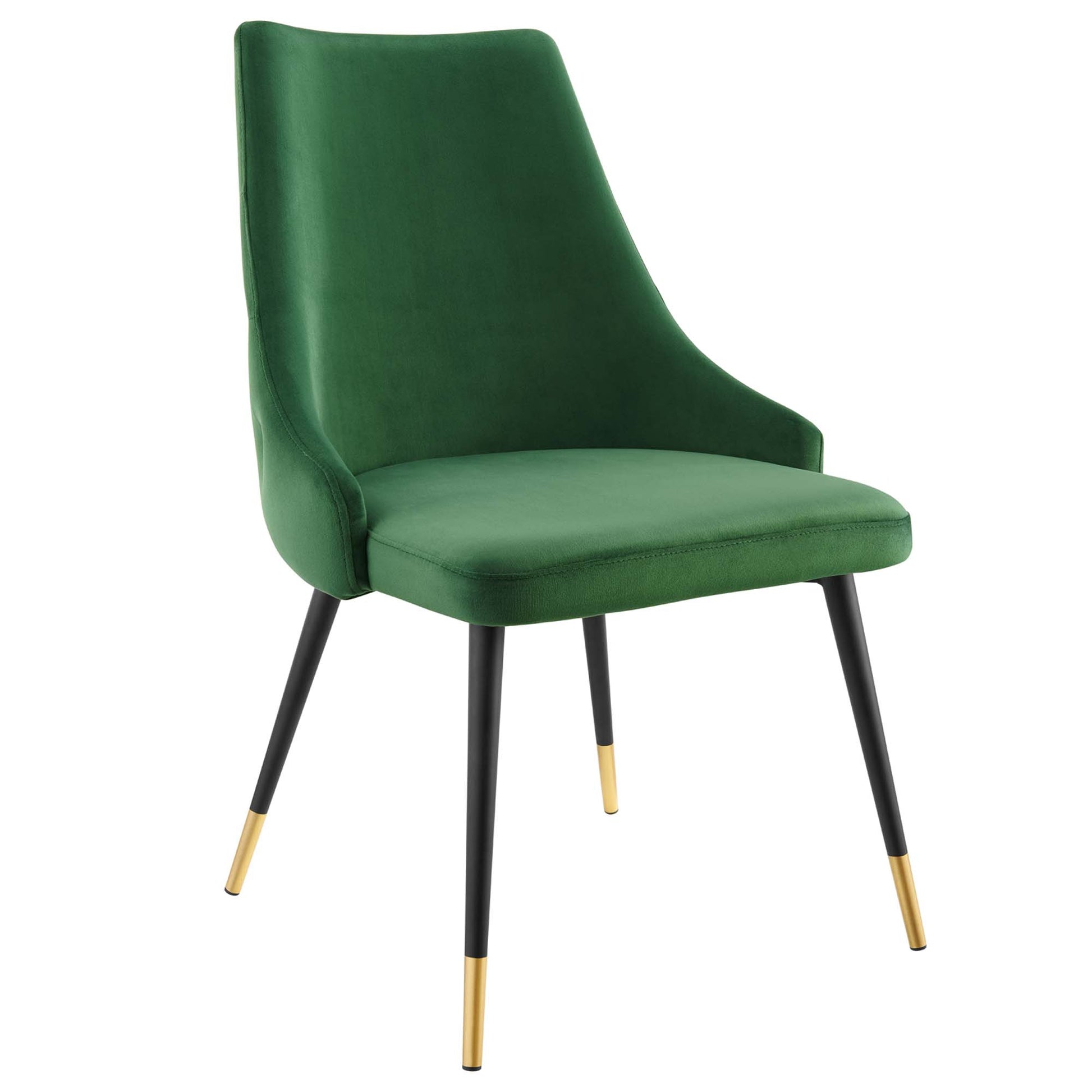 Emerald green velvet dining side chair set of 2 with curved high back and tapered black legs with gold tips.